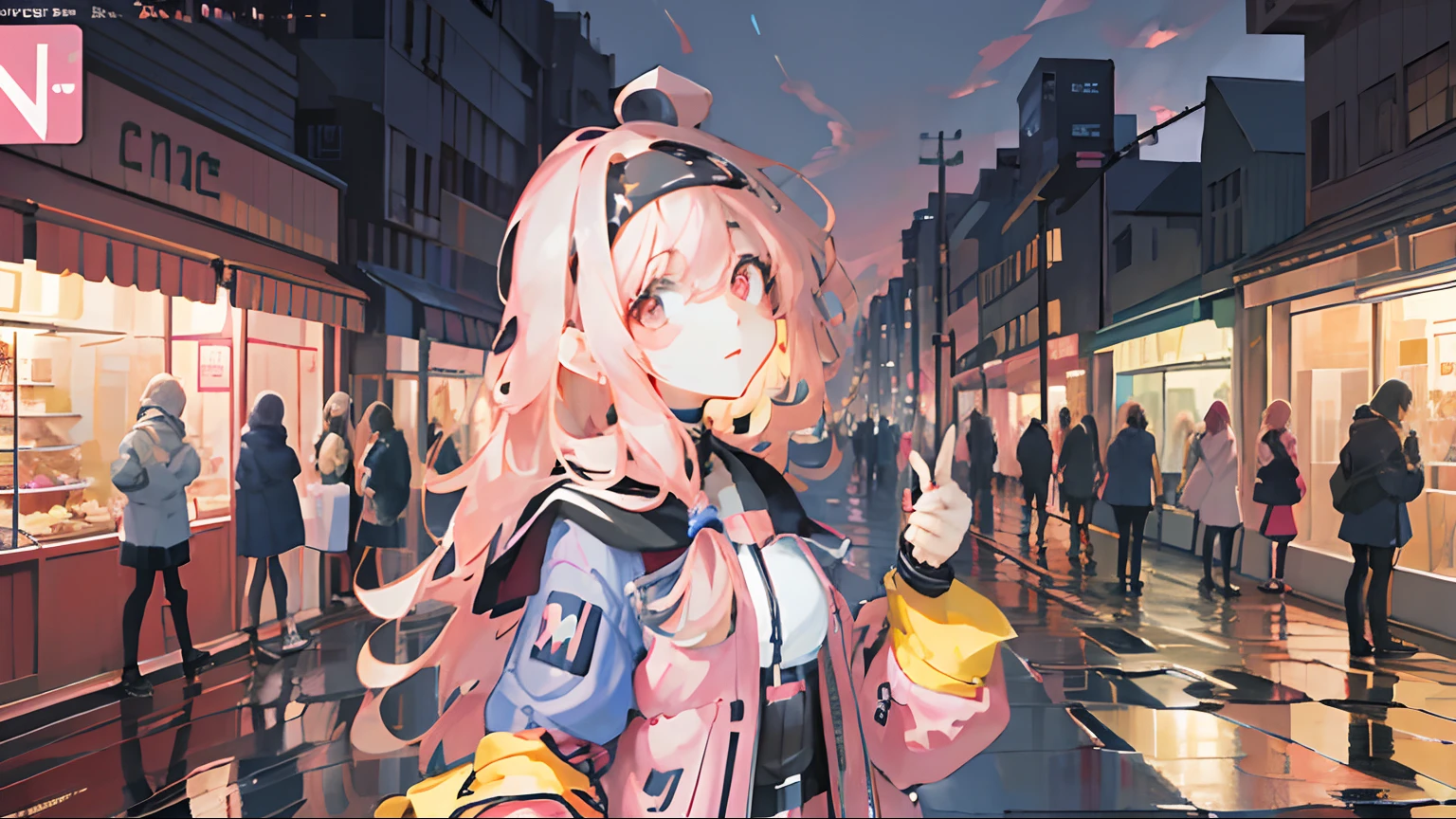 a woman in a pink jacket standing on a city street, best anime 4k konachan wallpaper, anime style 4 k, blonde anime girl with long hair, anime style. 8k, anime wallpaper 4 k, anime wallpaper 4k, high quality anime artstyle, anime art wallpaper 4k, anime art wallpaper 4 k, anime art wallpaper 8 k