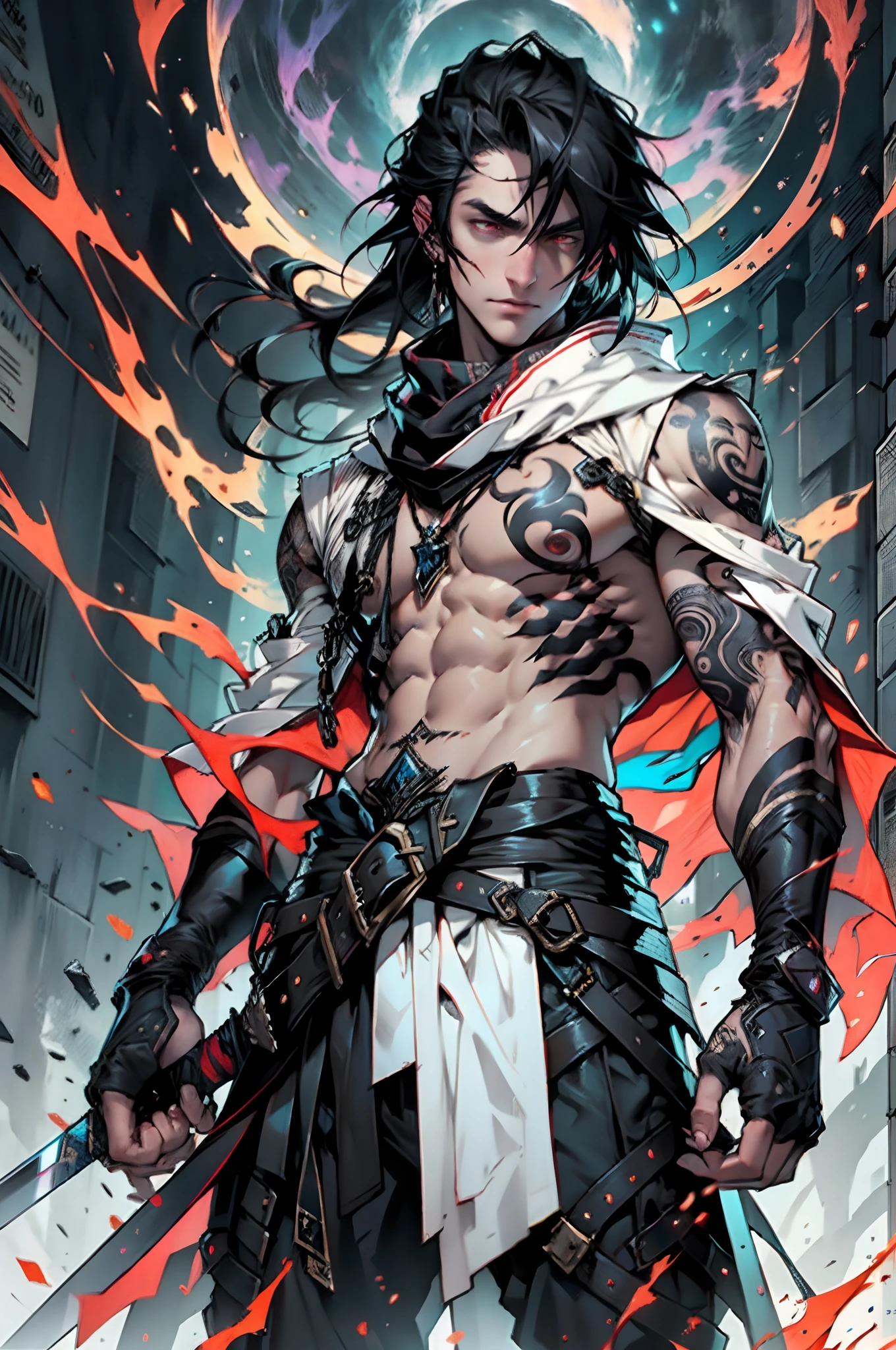 (absurdres, highres, ultra detailed), masterpiece, best quality, solo, a boy with white long hair holding a dual-swords, red and white robe, handsome, finely eye, detailed eye, vibrant red eyes, detailed face, black scarf, bare chest, carry two swords, dual-swords, a swords surround by flame, tattoo, from below, look down, ruined city, dark background, swirl, spark