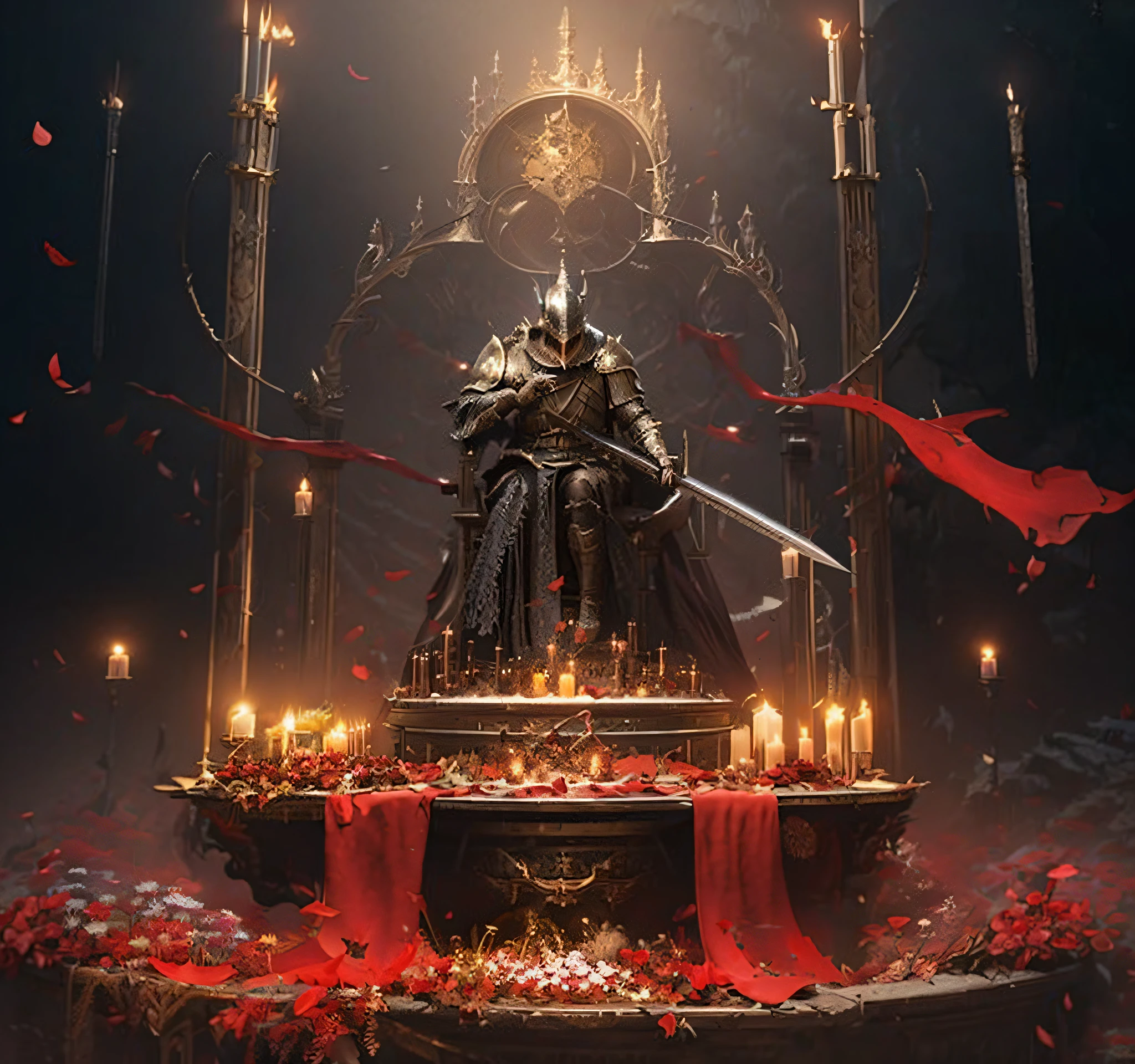 A dark knight sits on a throne surrounded by candles, best of artstation, Artstation contest winner, dark souls concept art, dark souls art, by Yang J, darksouls concept art, dark souls concept art, guillem h. pongiluppi, dark souls art style, lord from hell on the throne, dark soul concept, Diablo digital concept art