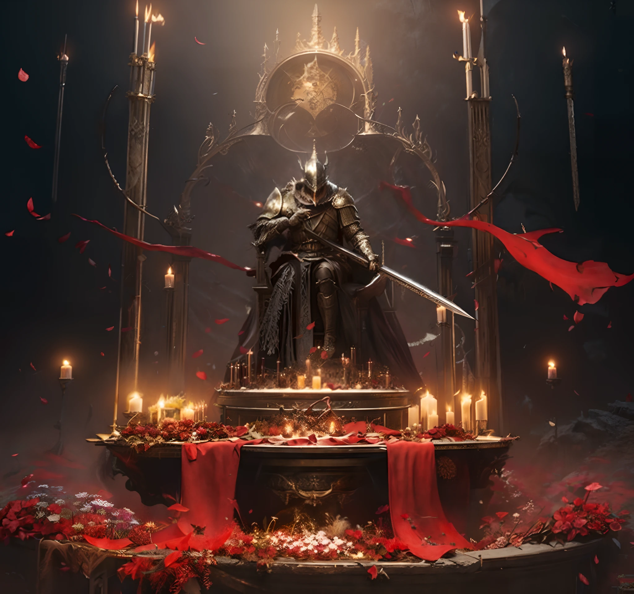 A dark knight sits on a throne surrounded by candles, best of artstation, Artstation contest winner, dark souls concept art, dark souls art, by Yang J, darksouls concept art, dark souls concept art, guillem h. pongiluppi, dark souls art style, lord from hell on the throne, dark soul concept, Diablo digital concept art