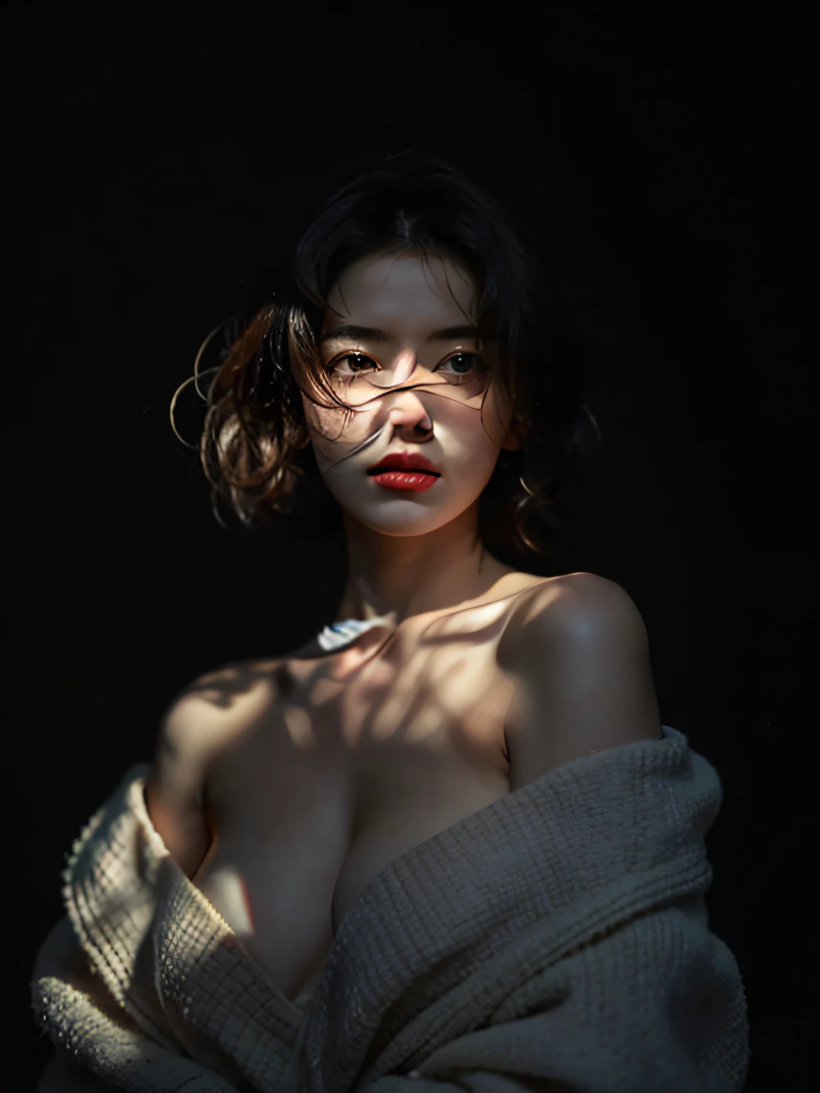 Best quality, masterpiece, ultra high res, (photorealistic:1.5), raw photo, 1girl, offshoulder, in the dark, deep shadow, low key, cold light, sexy look, short hair