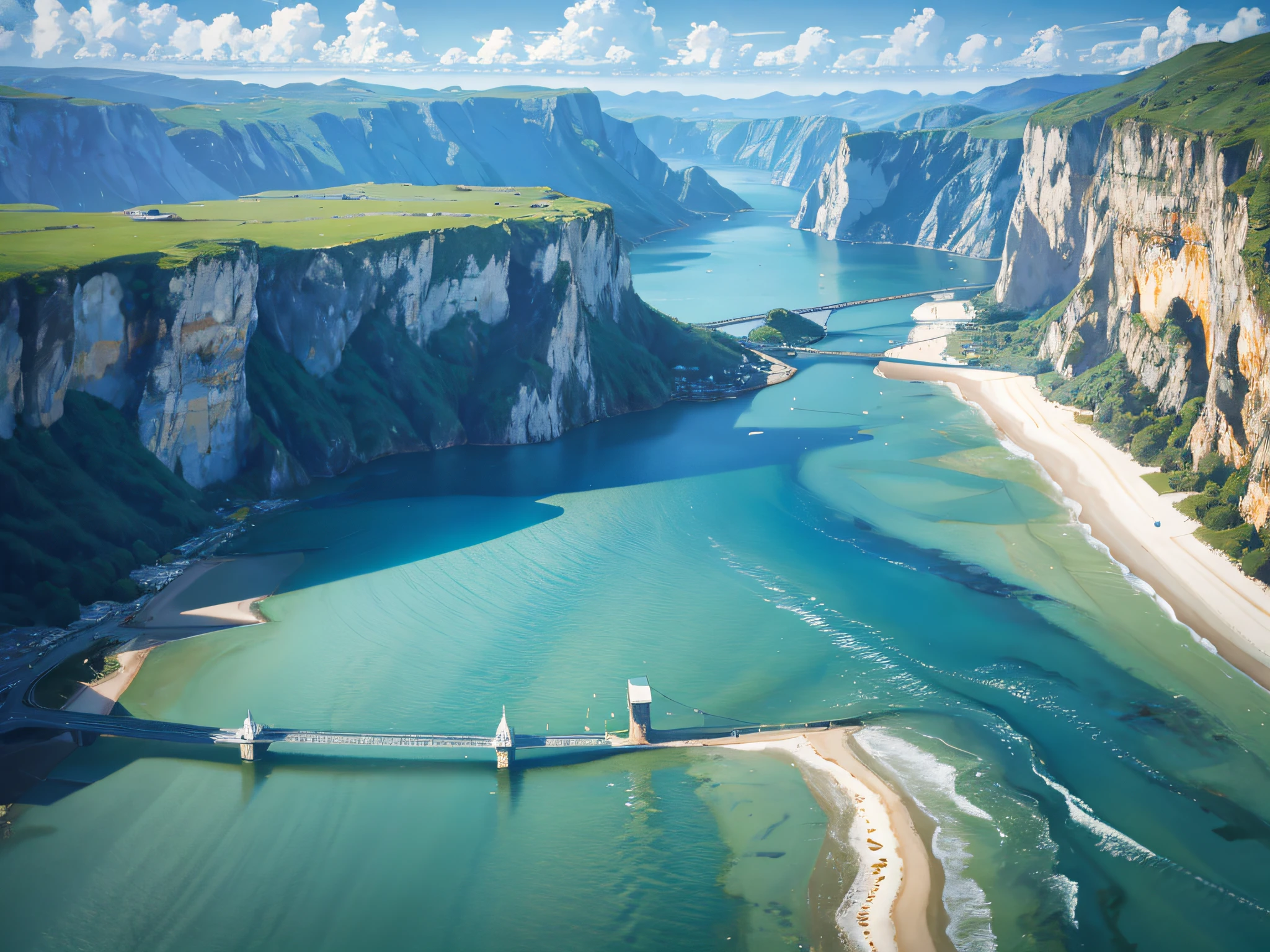no humans, scenery, vanishing point, from below, masterpiece, best quality, 8k, absurdres, water surface, summer, noon, sunlight, blue sky, perspective, depth of field, highres, finely detail, ultra-detailed, sharp focus