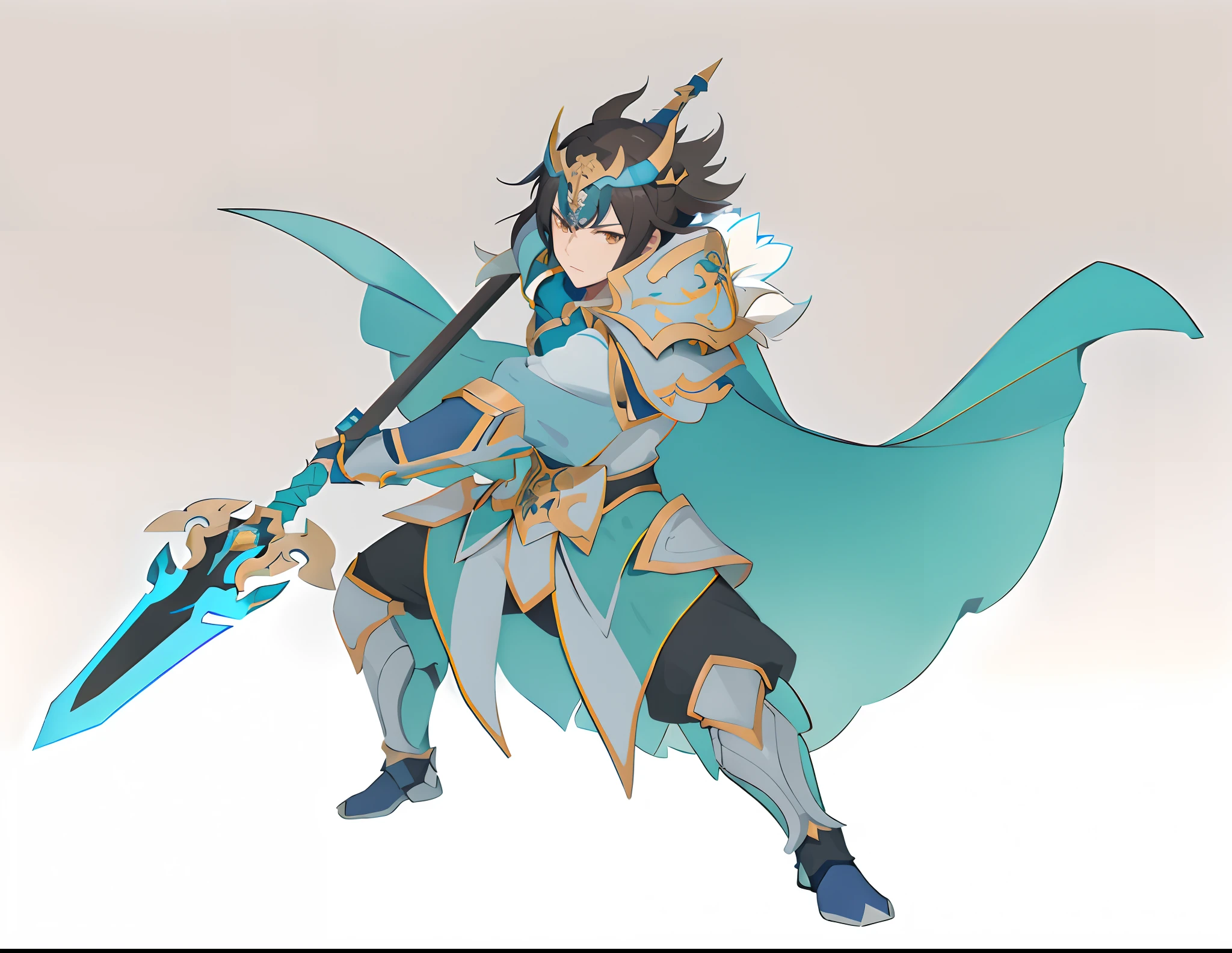 anime character with sword and armor in blue and gold outfit, keqing from genshin impact, a human male paladin, pale blue armor, hero 2 d fanart artsation, genshin impact character, male paladin, zhao yun, zhongli from genshin impact, genshin, hero character art, in opal armor, warrior character design