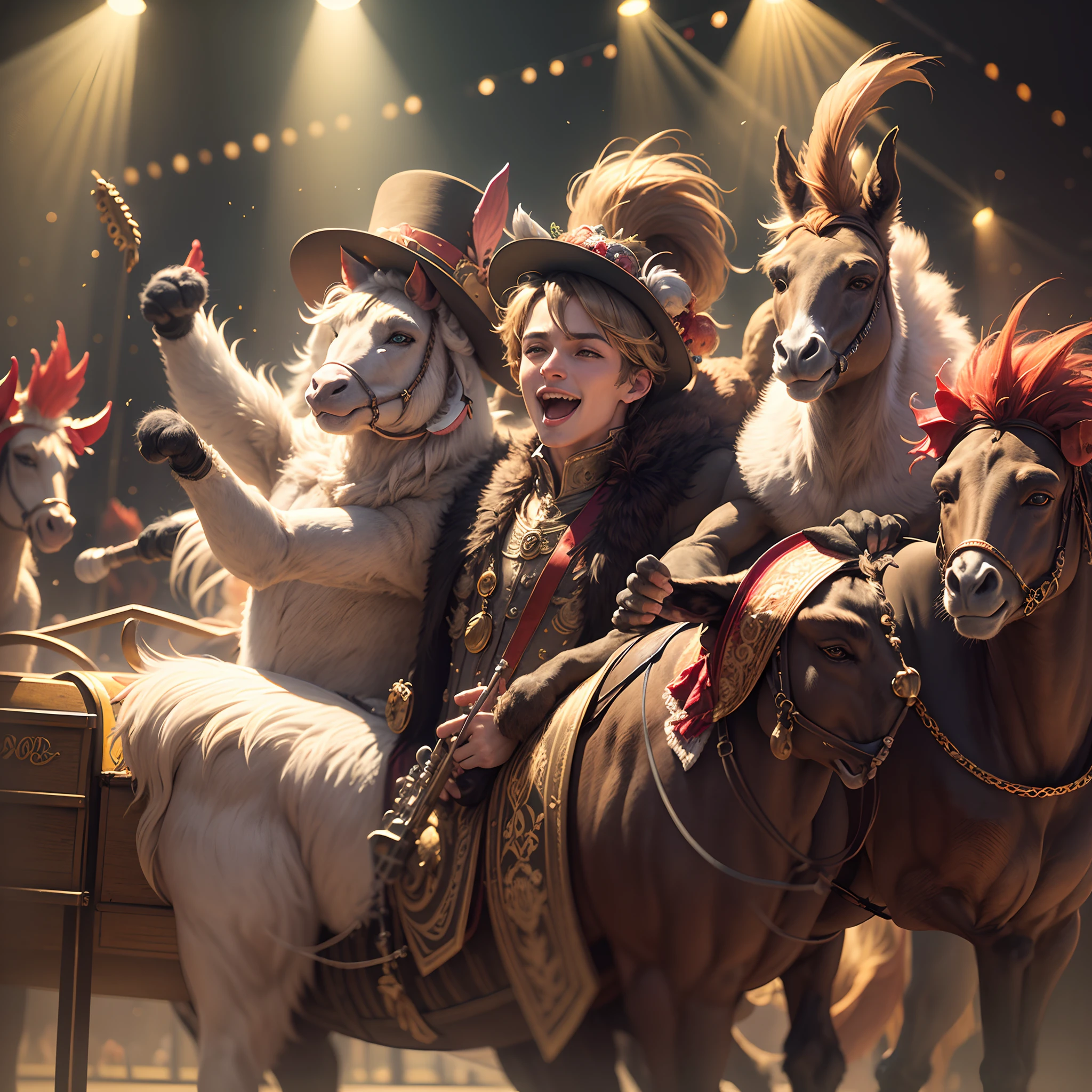 1400 years. German fairy tale. Cheerful funny Bremen musicians (donkey, cat, dog, rooster and a young guy), in hats and pop old costumes, play musical instruments, the stage is a big cart, Close-up, super photorealistic, cinematic, dynamic, cartoon style. --auto --s2