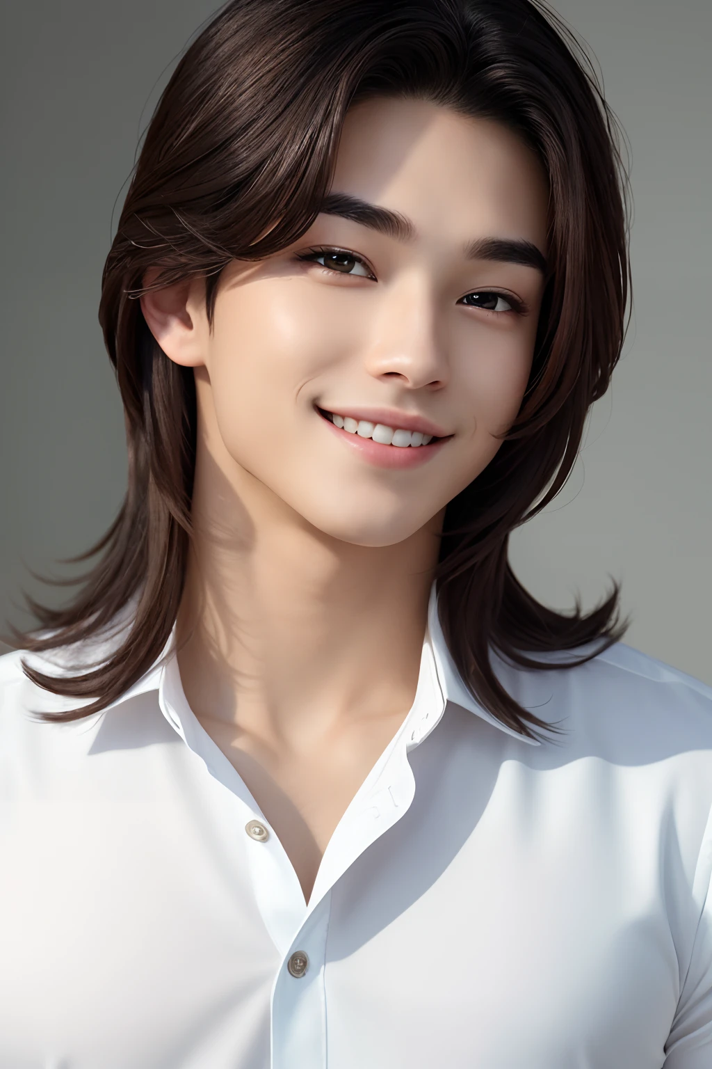 oppav3, (masterpiece, super quality, high resolution, 8k, complex: 1.2), (detailed face: 1.2), (wearing a white shirt: 1.5), handsome, detailed skin, pores, absurdity, lump, 1 boy, male focus, (realistic)), good lighting quality, delicate body, hallyu idol, ((pale skin)), bend, balanced eyes, brown eyes, smile, white teeth, smooth hair