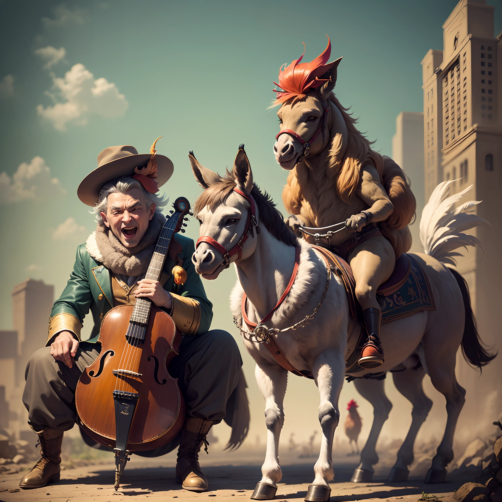 1400 years. German fairy tale. Cheerful funny Bremen musicians (donkey, cat, dog, rooster and a young guy), in hats and pop old costumes, play musical instruments, the stage is a big cart, Close-up, super photorealistic, cinematic, dynamic, cartoon style. --auto --s2