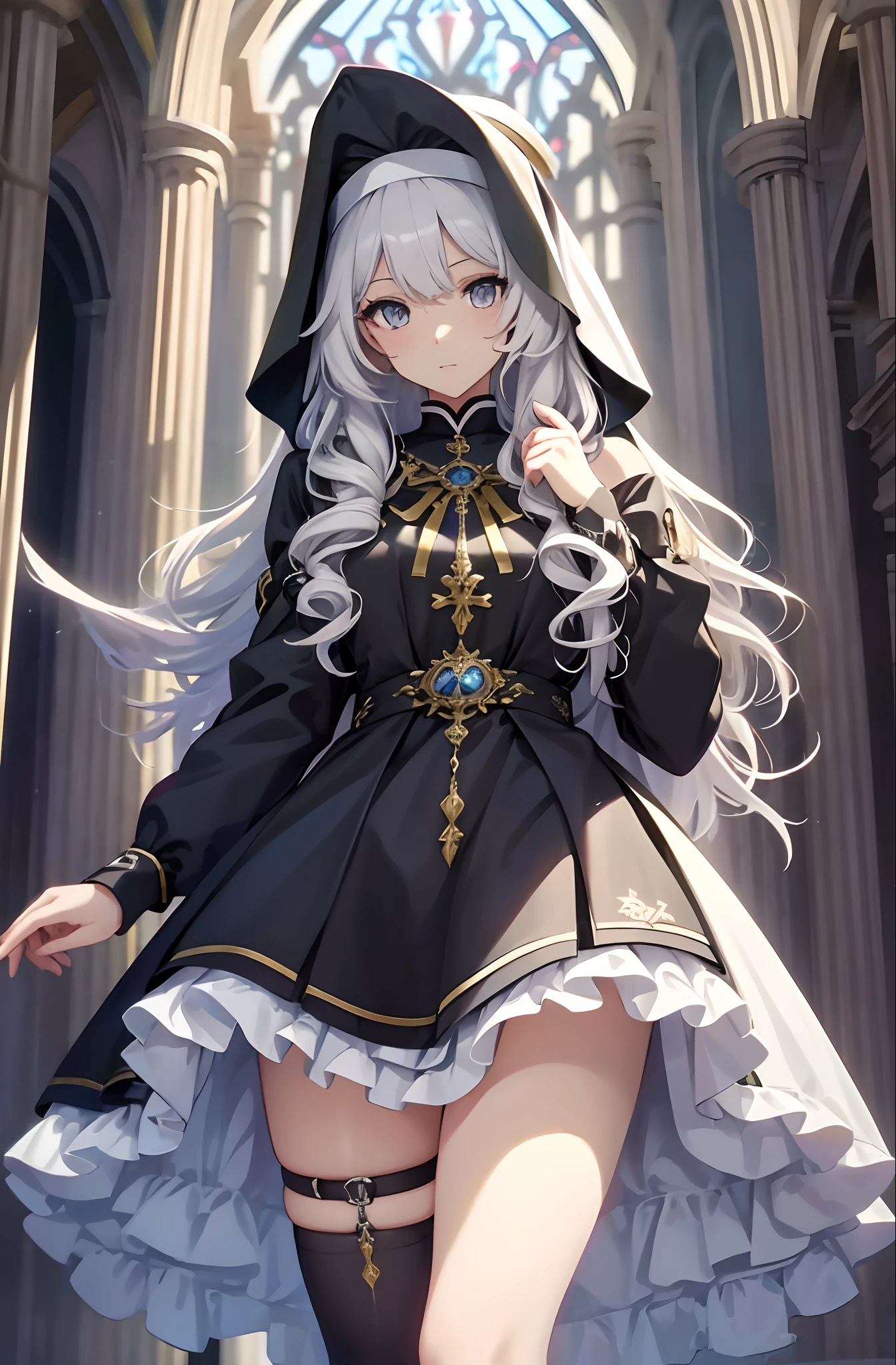 best qualityer，tmasterpiece，Ultimate resolution，downy，Extremely colorful，Colorful，saintess，silver-white long hair，curlies，a matural female，brassier，Nun dress，The kinky is exposed，cathedrals，Sanctuary，Normal posture