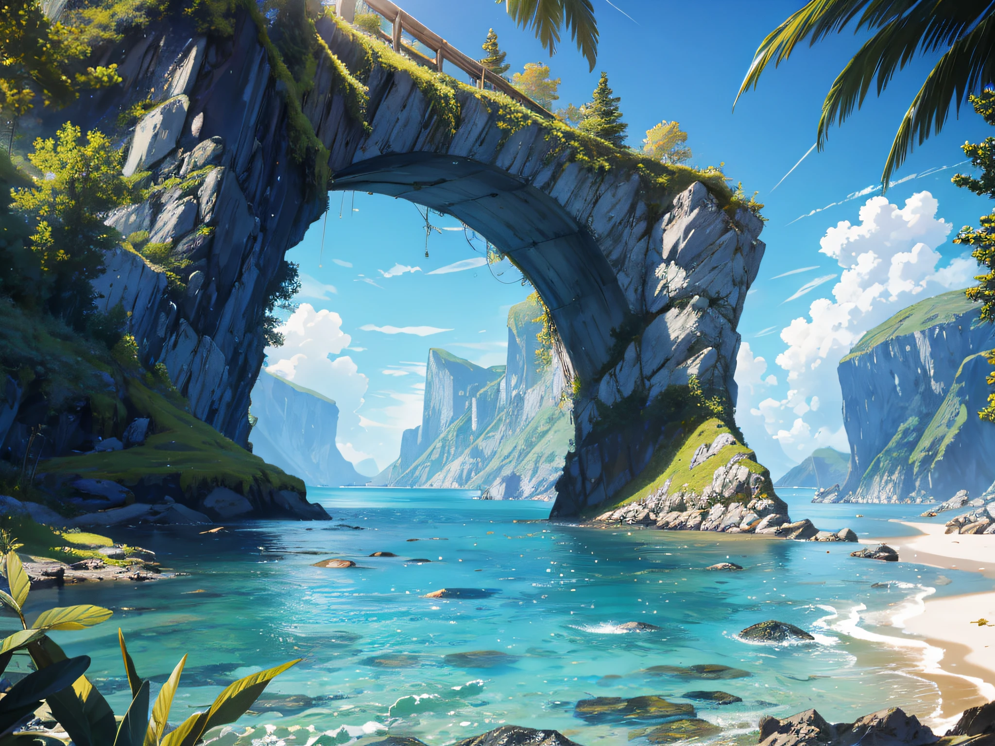 no humans, scenery, vanishing point, from below, masterpiece, best quality, 8k, absurdres, water surface, summer, noon, sunlight, blue sky, perspective, depth of field, highres, finely detail, ultra-detailed, sharp focus