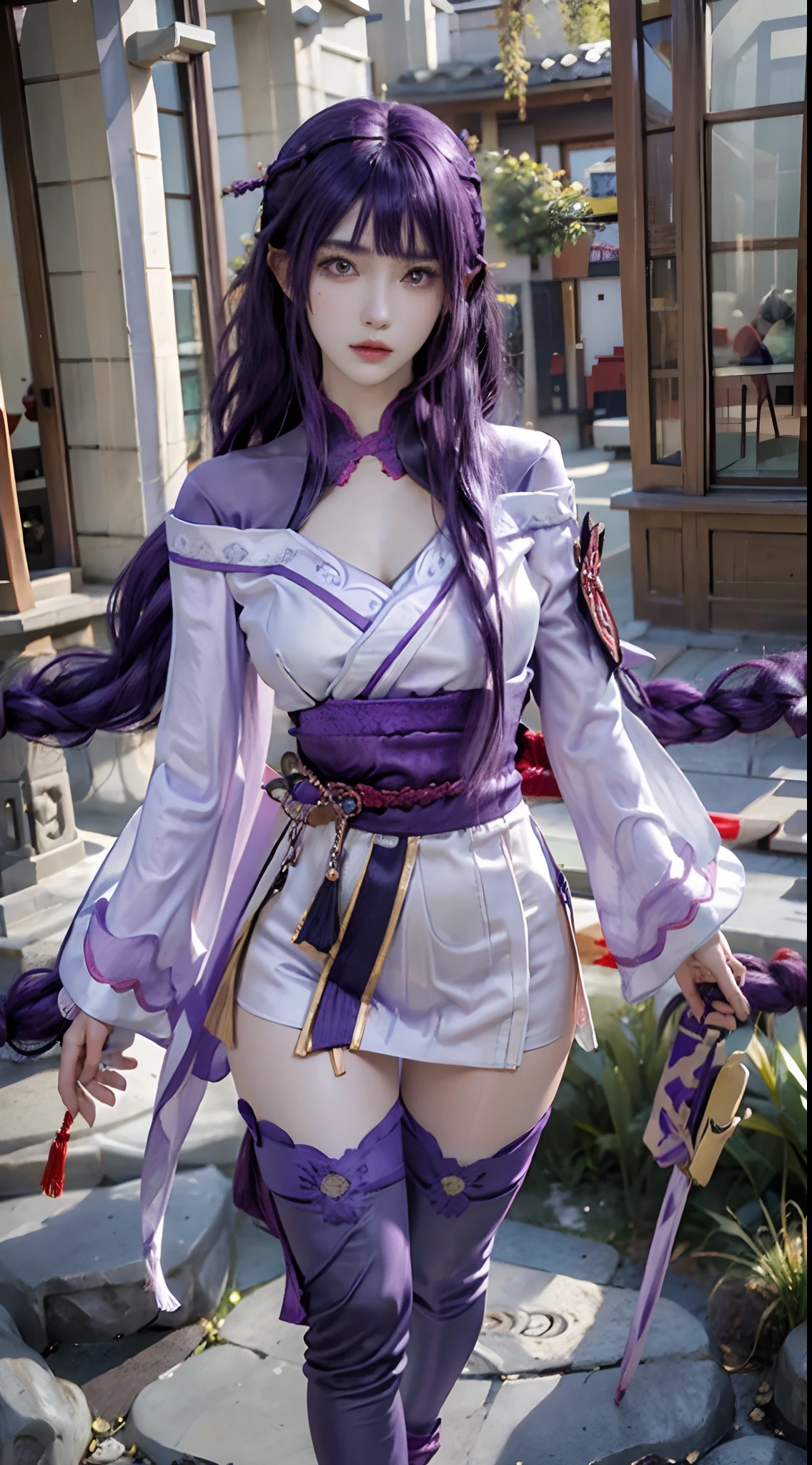 photorealistic, high resolution, 1women, solo, hips up, look at viewer, (detailed face), (blunt bangs, braid, wide sleeves, hair ornament, japanese clothes, red obi, (purple hair:1.2), very long hair, straight hair,black thighhighs, smooth