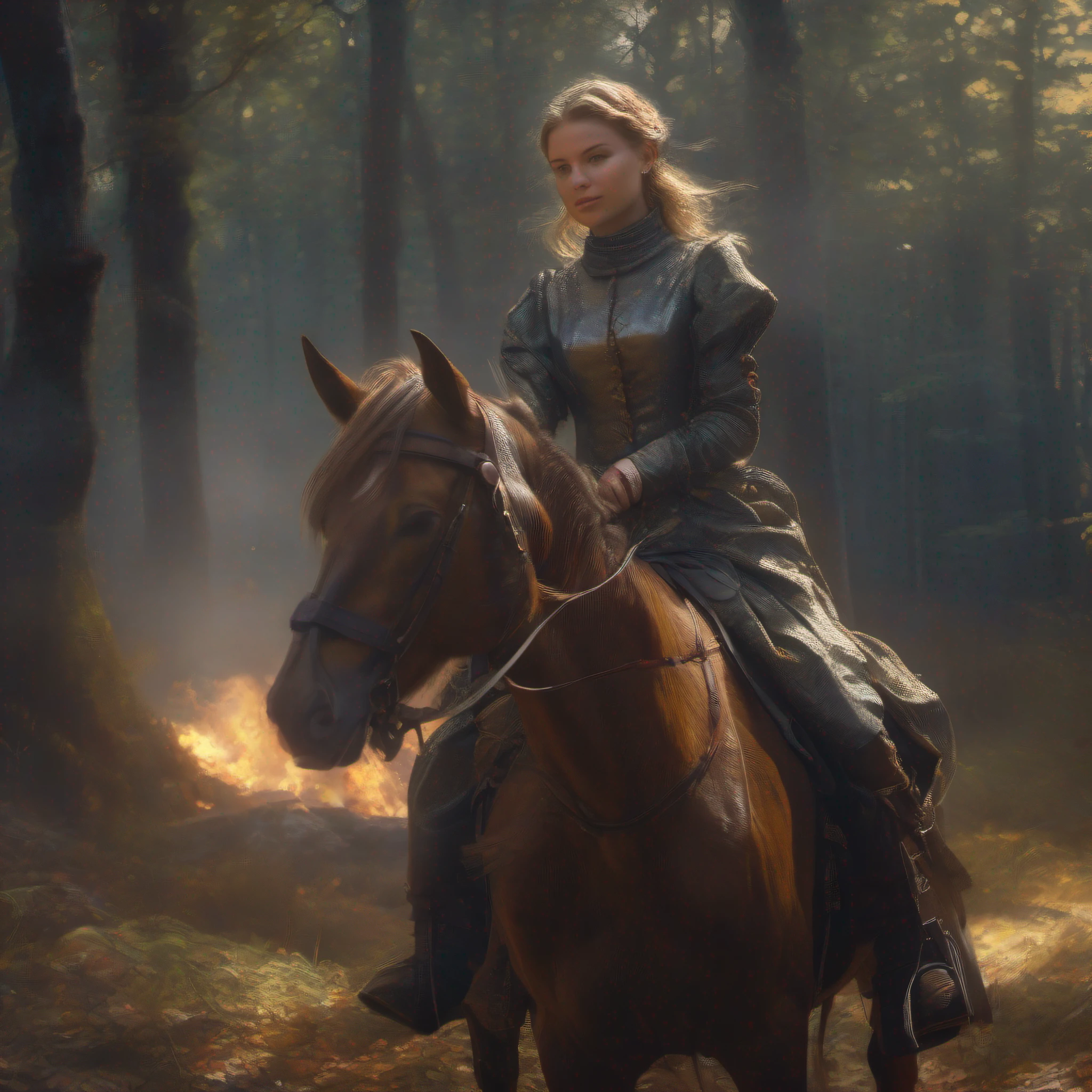 Portrait of a girl in a medieval dress, sitting on a horse in the woods,Sunlight, dramatic sky, sharp-focus, Leds, Smoke, artillery, sparks, Rack, System Unit, motherboard, Pascal Blanche Rutkowski Repin ArtStation Hyperrealism Painting Concept Art Detailed Character Design Matte Painting, Blade Runner with 4K resolution