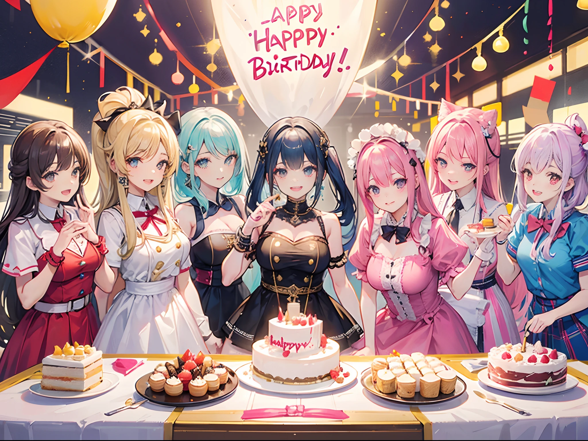 Best work, high quality, super clear, super detailed, group photo, female idol group 25 years old, celebrating birthday 🎂 with cake, smiling