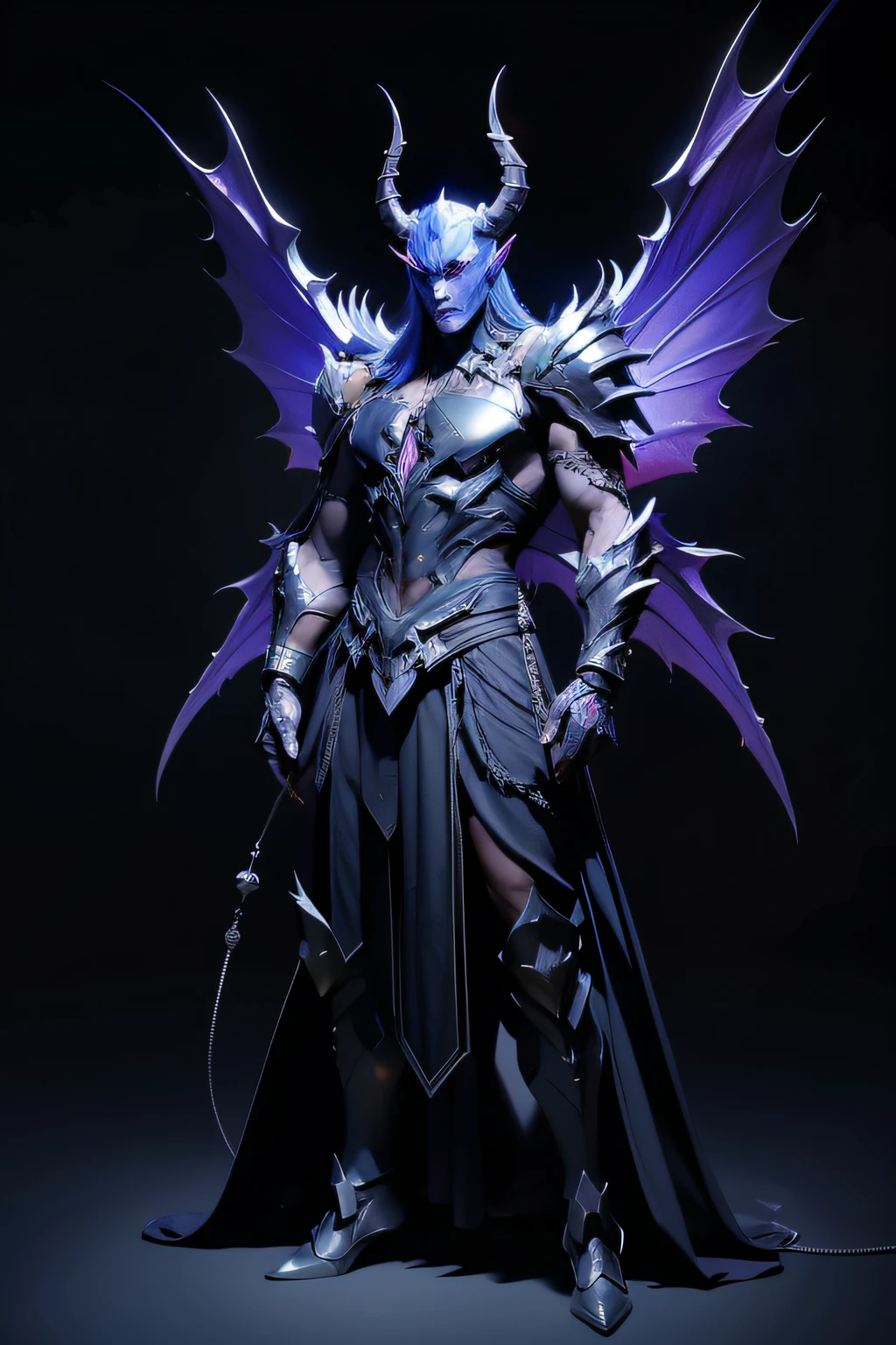 Demon King, male people, Magical style, Full body like, Diablo style, The Devil Devil, musculature, Strong, thick armor, One-shoulder armored span design, Demon design elements, Black-purple tones, The muscles on the body are connected to the armor, Demon Warframe, There are devil's wings on the back, Meat wings, Demon's wings, conceptual art, Cinematic lighting, shadowing, anaglyph, hyper HD, Masterpiece, Textured skin, Anatomically correct, Best quality, A high resolution, 8K, 4K
