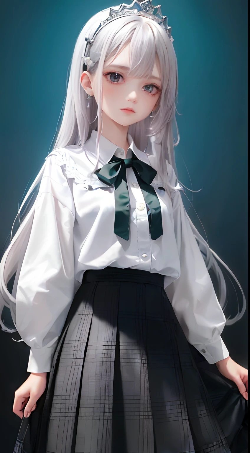 1girll, (Masterpiece:1.1), (Best quality:1.1), (White blouse:1.1), (checkered skirt:1.1), school uniform, high waisted skirt, Break [Blue:Pink:0.5] Theme, (Gradient background:1.1), Cowboy shot, Break Silver Hair, Long hair, , Green eyes, intricate detailed tiara, Looks to the side,