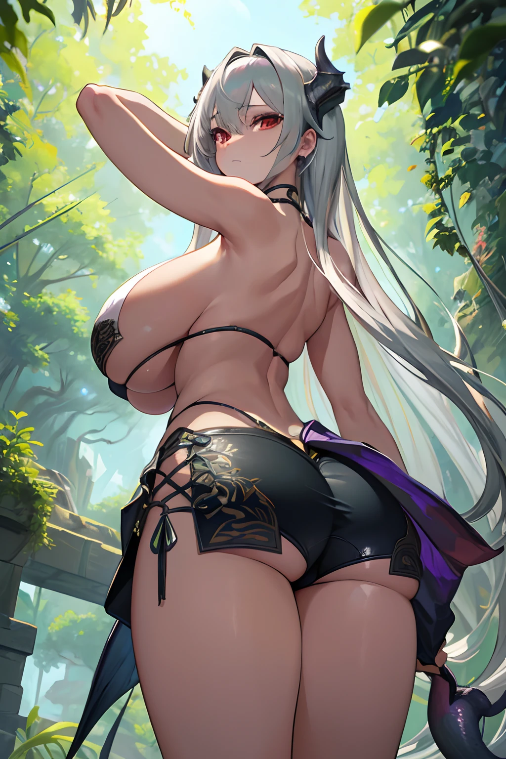 masterpiece, best quality, high_resolution, finely detailed, extremely detailed and beautiful, distinct_image, 1 girl, solo, from below, silver hair, red eyes, dragon horns, (huge breasts), (underboob), outdoor, plants, botanical garden, dolphinshorts, arms behind back