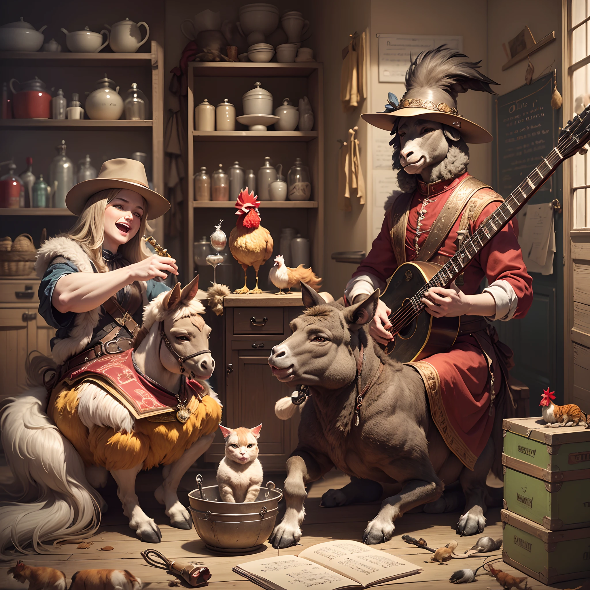 1400 years. German fairy tale. Cheerful funny Bremen musicians (donkey, cat, dog, rooster and a young guy), in hats and pop old costumes, play musical instruments, the stage is a big cart, Close-up, super photorealistic, cinematic, dynamic, cartoon style. --auto --s2