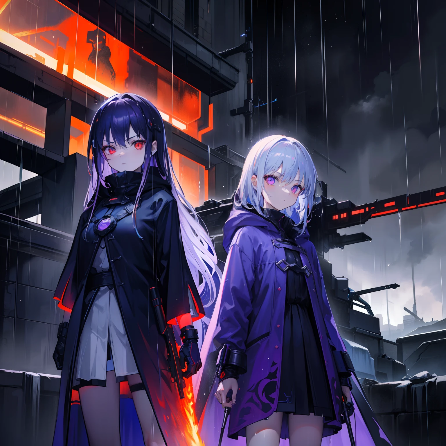 (Detailed illustration:0.9),(Grainy:0.8), Natural lighting, Futuristic city, (Rained:1.3), (Dark:1.3), (Heavy fog:1.2), red lights, orange lights, Blue lights, Ziguang and 2 girls, cape with hood, light logo, [Cyberpunk clothing:Wet:0.28], red lights, orange lights, menacing, (Equip orange weapons:1.2), wet black hair, (Fire:1.3), in the middle of a, Red eyes and 2 girls, cape with hood, light logo, [Cyberpunk clothing:Wet:0.28], Blue lights, Purple light, menacing, (Armed with a purple weapon:1.2), wet white hair, (Ice:1.3), in the middle of a, Blue eyes,(Electric Colors:0.75)