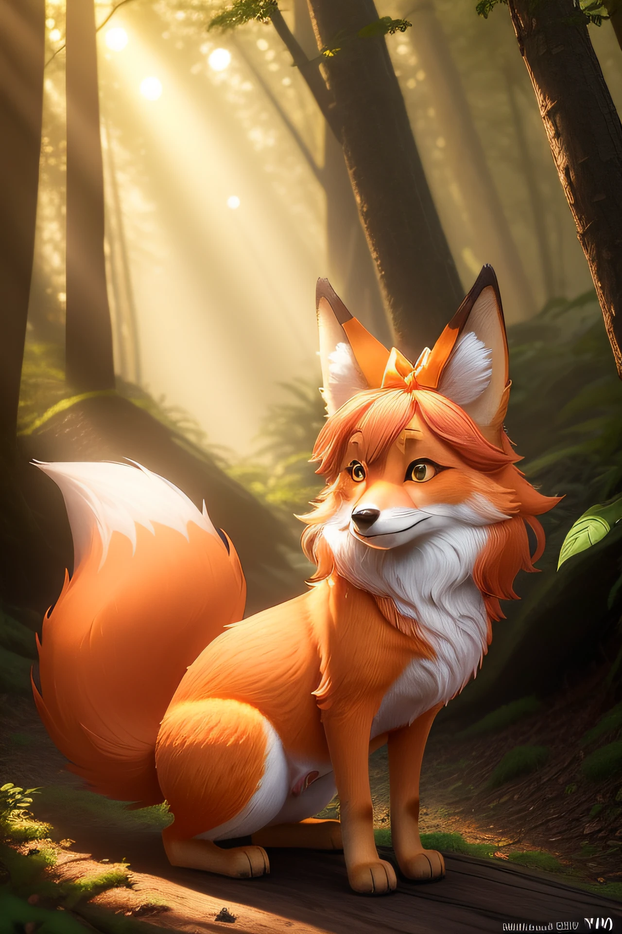 An enchanting Pixar 3D render of Lila, the lively fox, with her soft orange fur illuminated by the warm glow of the sun. She wears a playful green leaf skirt and a charmingly mismatched bow on her head. The scene is set in a whimsical forest clearing, with magical lighting that accentuates Lila's AN ANIMAL WITH adorable expression and her curiosity-filled eyes. The color temperature is inviting and cozy, enhancing the sense of wonder in the atmosphere.  --v 5 --stylize 1000