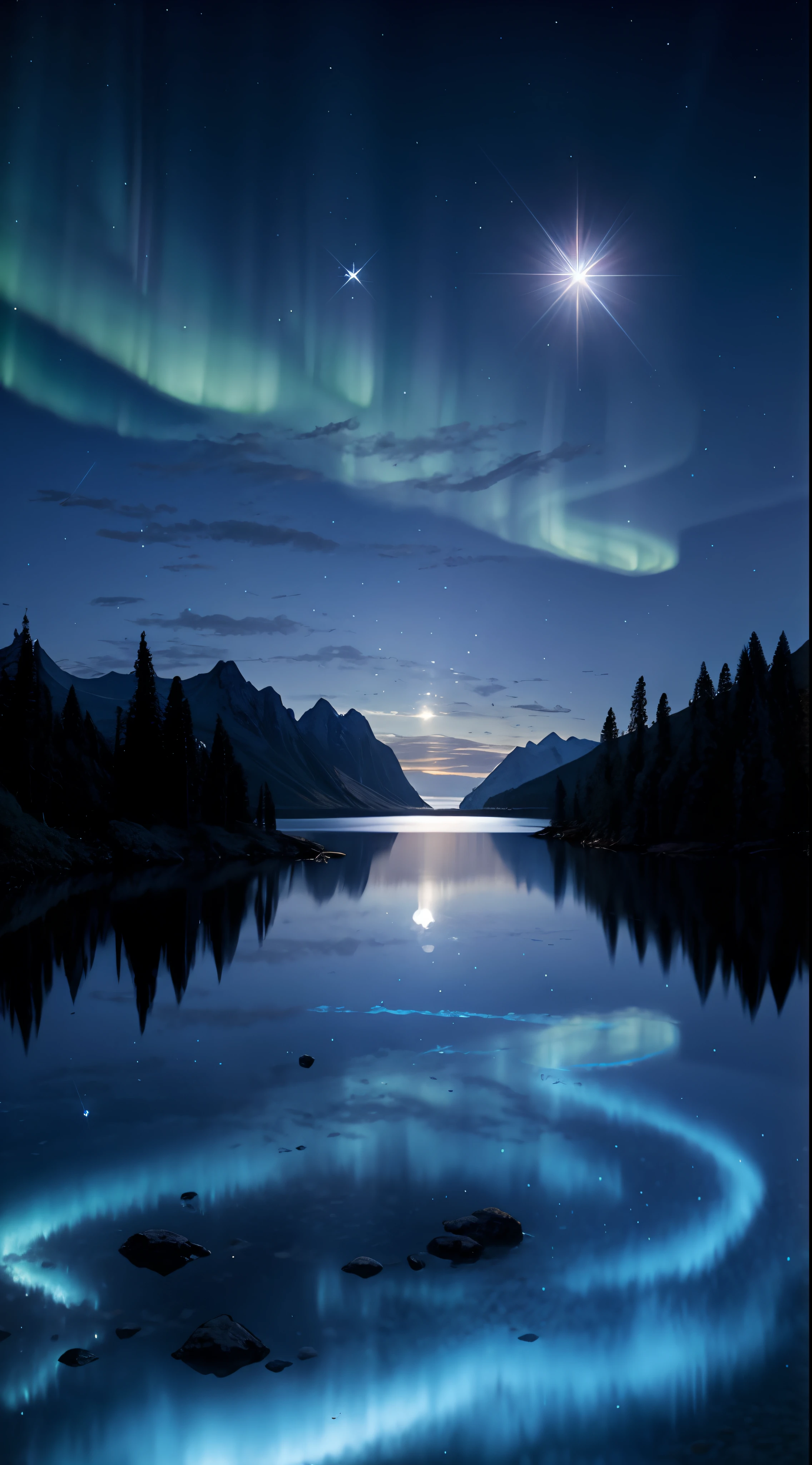 blue-sky，As estrelas，Lake in the middle, magical sparkling lake, Beautiful night sky, magical scenery, nighttime scene, alien breathtaking landscape, Ethereal aurora spirit, Beautiful alien landscape, stars reflecting on the water, Magnificent background, extremely beautiful and ethereal, cosmic starry sky, luminous stellar sky, Cosmos Sky, nighttime nature landscape, stunning alien landscape, dream scenery art，