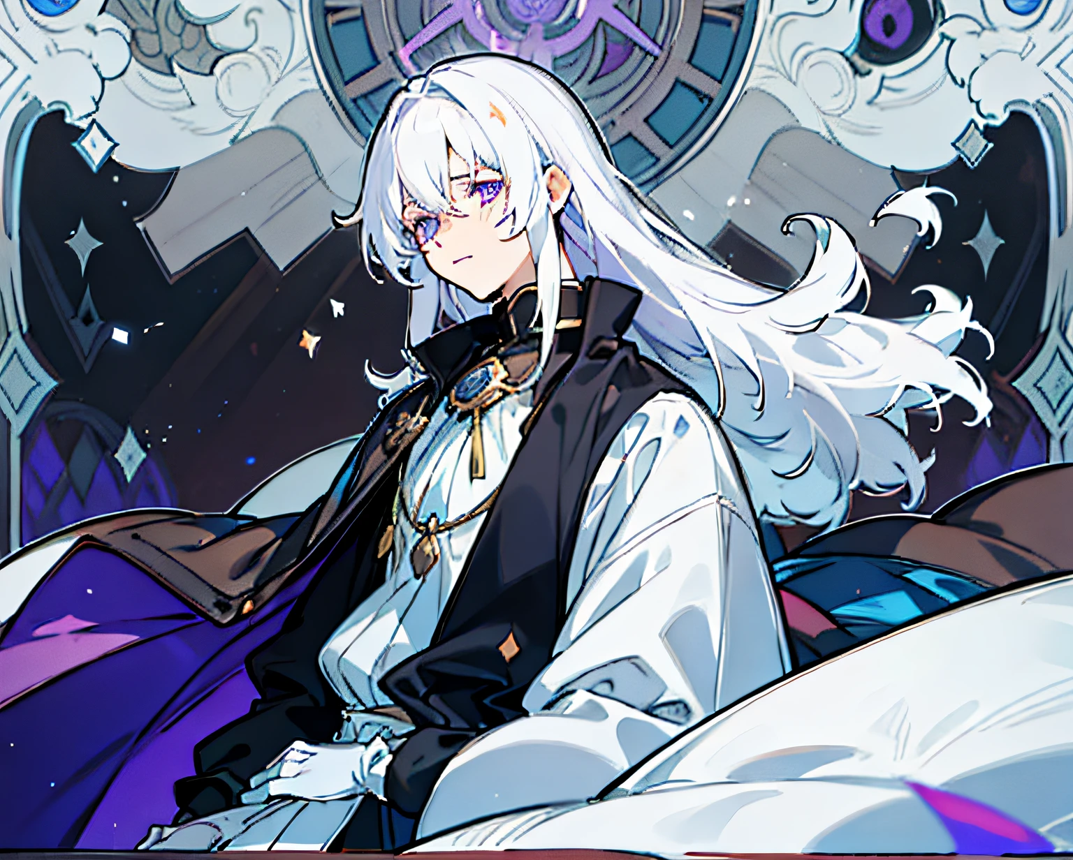 Male human youth in their twenties,long white hair,Both eyes are purple,eyes glowing,dark night background,pale-skinned,The eyes are cold,Wearing an English medieval aristocratic suit,VerydetailedCG,A pair of white gloves,Sadness on the face,Dress neatly
