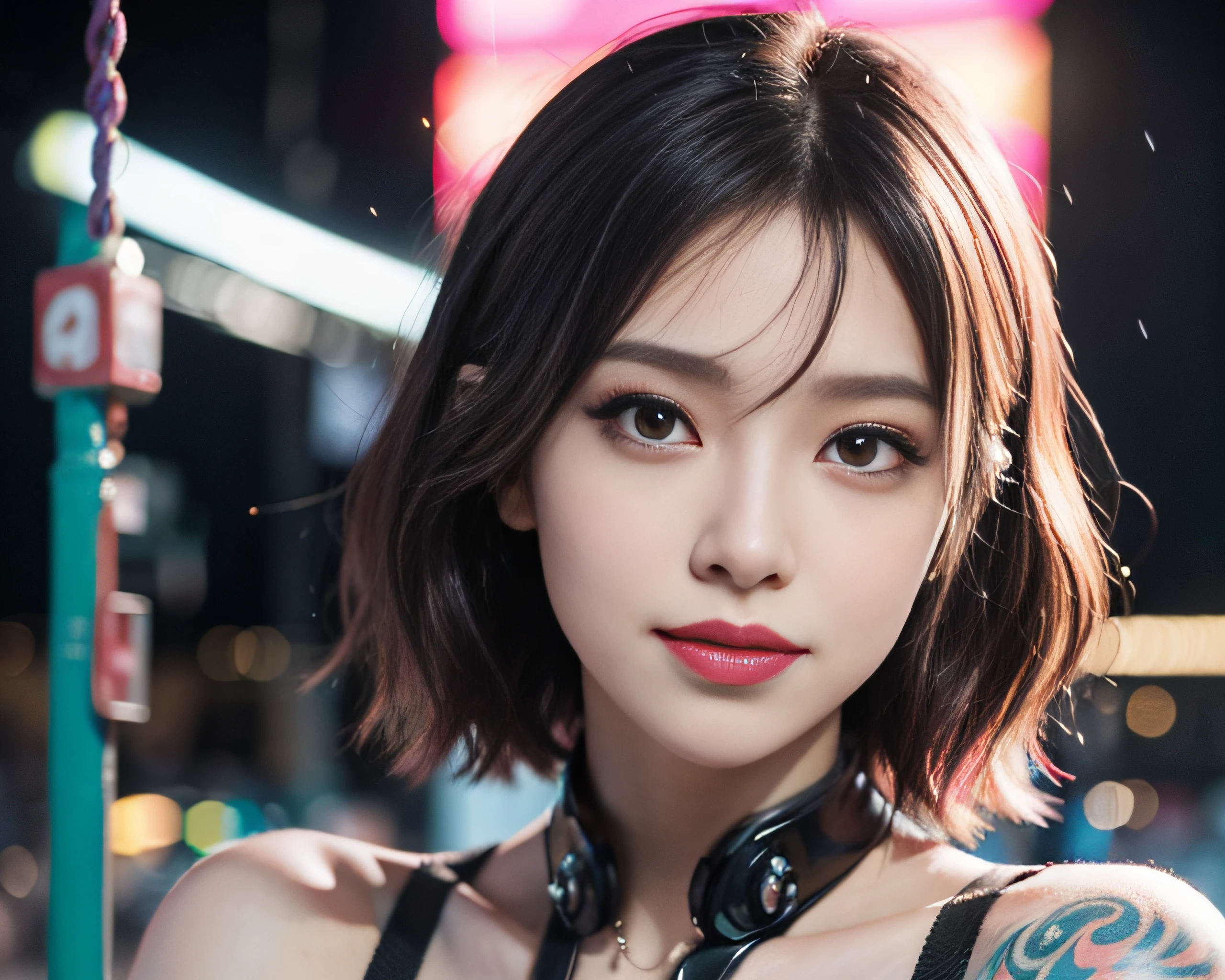 Realistic, 1girl in, Colorful hair, Purple eyes, Glowing eyes, cropped top, Skirt, Parted lips, blush, Night, Flowers, Sun, Sun, Sexy, Feminine, Seductive, Provocative, Multi-angle, ((1girl in)),Girl in fancy streetwear, neotokyo, Centered| Convoluted| Highly detailed| Breathtaking beauty| precise lineart| Vibrant| comprehensive cinematic| Carne Griffiths| Conrad Roset, 8K, Oil Painting, Cinematic lighting, rainy, ((The tattoo)),(Fancy hair color)),((random facial expression)),smirk grin,((run)),((Swing your arms wide)),Bright hair color,((Cyberpunk Fashion)),a short bob,gas masks