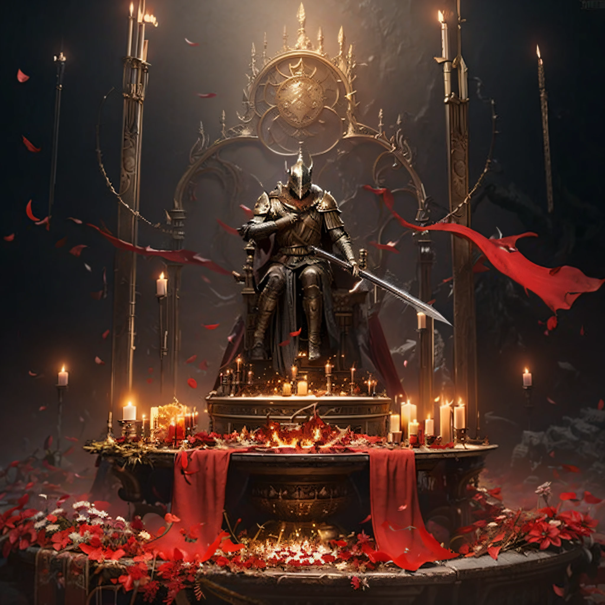 The Dark Knight sits on a throne surrounded by candles, best of artstation, Artstation contest winner, dark souls concept art, dark souls art, by Yang J, darksouls concept art, dark souls concept art, guillem h. pongiluppi, dark souls art style, lord from hell on the throne, dark soul concept, Diablo digital concept art