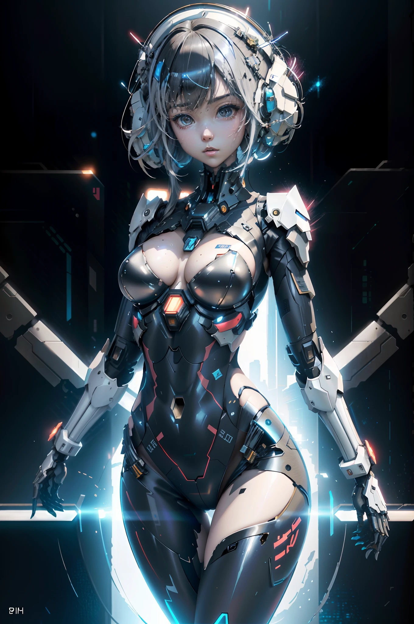 Anime girl posing in front of giant robot in the city, cyberpunk anime girl mech, Digital cyberpunk anime art, In the style of Ross Tran, girl in mecha cyber armor, Ross Tran 8 K, Guviz-style artwork, mecha asthetic, Ross Tran style, trending on cgstation, female mecha, cool mecha style