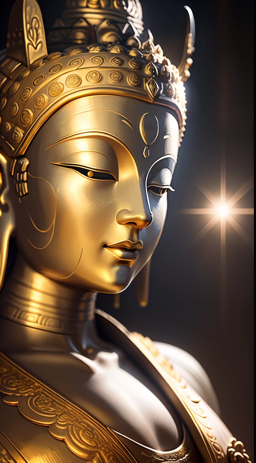 Close-up, huge Buddha avatar, Buddha light shining, golden light