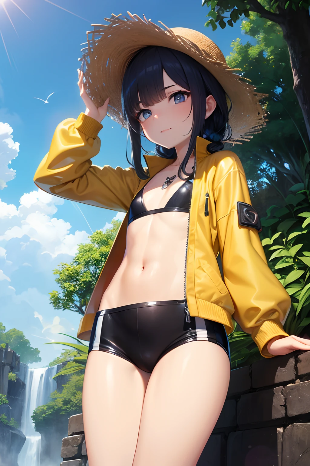 A determined 21-year-old anime girl with a unique charm, her small build and flat chest enhancing her distinctive appearance, dressed in rugged explorer attire, a wide-brimmed hat shading her determined eyes, a map clutched in her hand as she steps into a mysterious and uncharted wilderness, where lush foliage and ancient ruins intertwine, evoking an aura of adventure and resilience, Illustration, detailed linework and vibrant colors