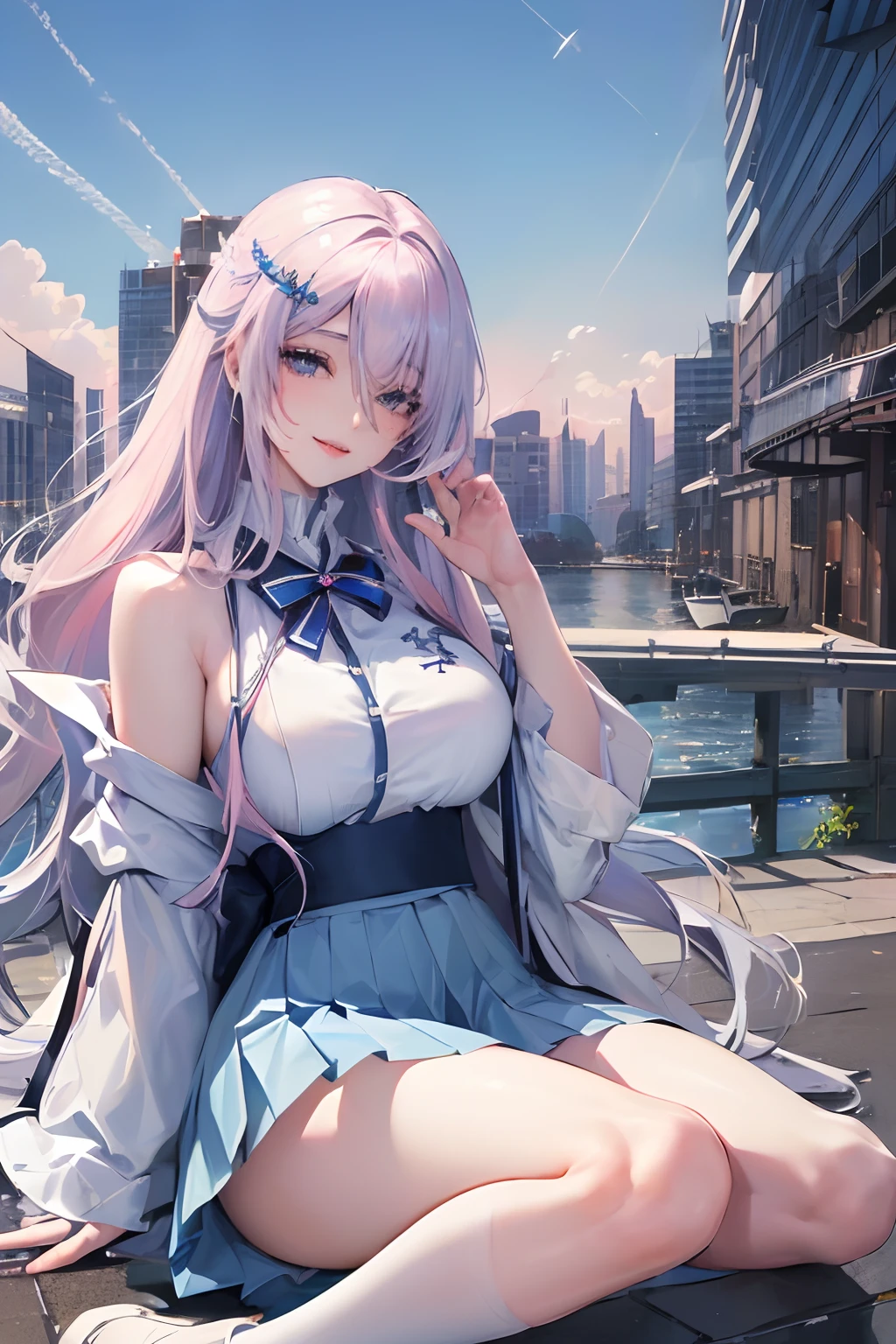 official art, masterpiece, sharp focus, (beautiful gorgeous cute Korean woman:1.3), (beautiful cute korean:1.3), korean beauty, Delicate and beautiful hair and eyes and face, realistic, ultra detailed, beautiful girl, blue sky, glow white particle, (sidelighting:1.2), sun light, white cloud, detailed clouds, slender, Lovely very large breasts and very large hips, smile with teeth, ((smile with eyes, open both eyes)), scenery, long straight hair, sexy facial expression, building, (cityscape:1.7), dynamic hair, long straight hair, detailed platinum pink hair, glow blue eyes, (blue pleated shirts + white skirt), white long socks, pale skin, hair ornament, epic scenery,