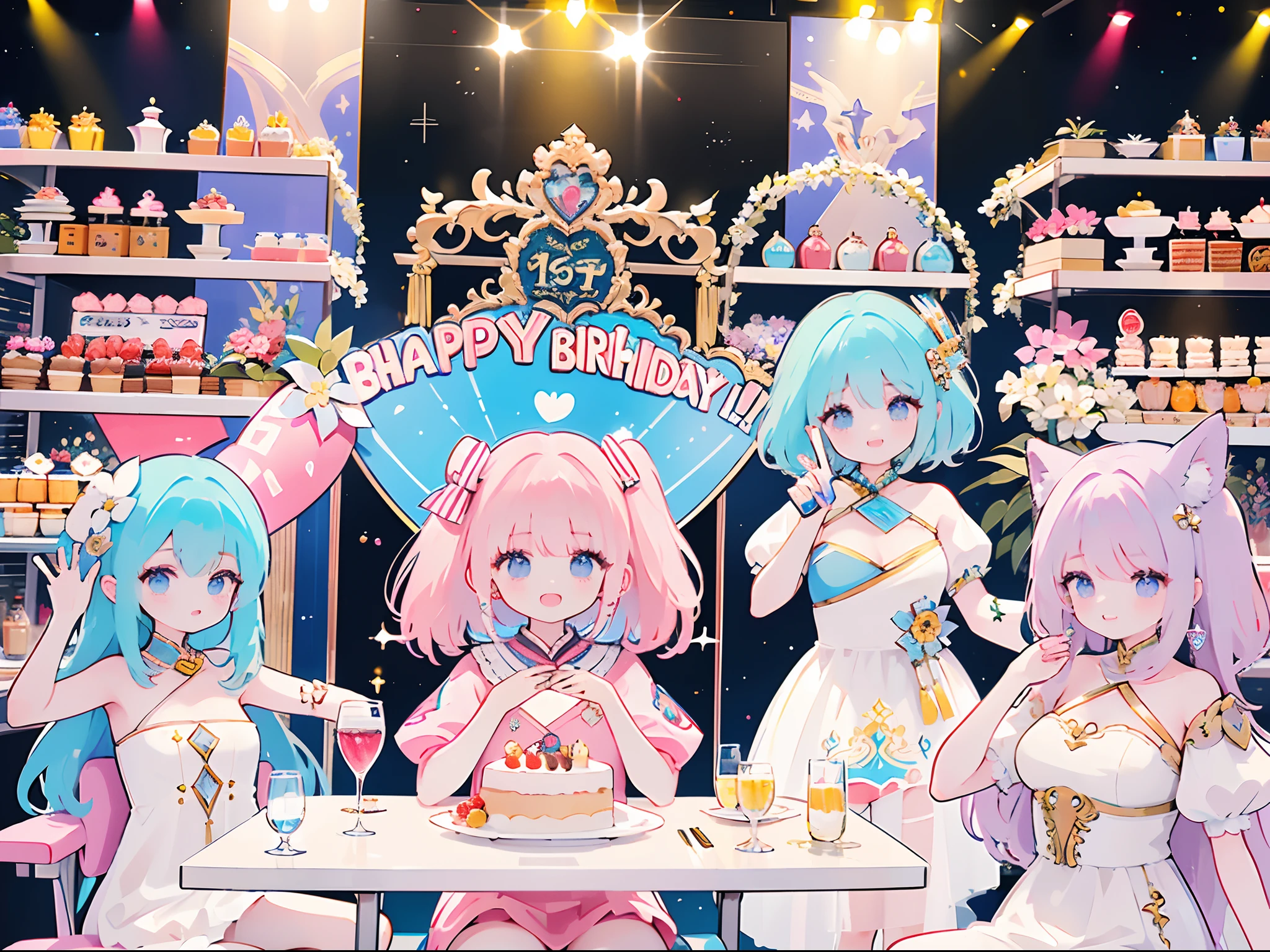 Best work, high quality, super clear, super detailed, group photo, female idol group 25 years old, celebrating birthday 🎂 with cake, smiling