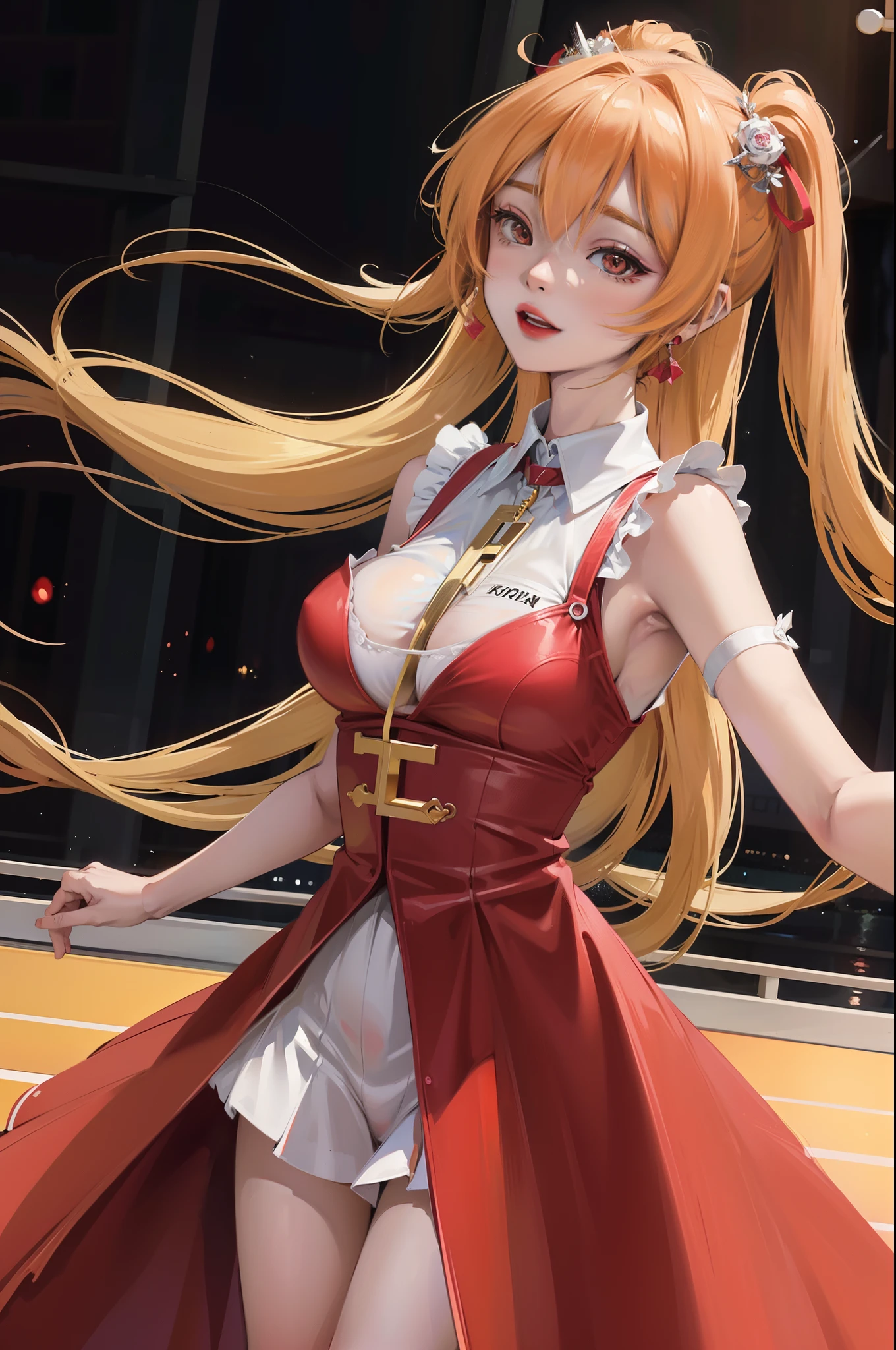 Anime girl in red dress singing into microphone in front of an audience, Extremely detailed Artgerm, Kushatt Krenz Key Art Women, Artistic germ style, Style Artgerm, art-style, IG model | Art germ, Art germ on ArtStation Pixiv, Art germ. High detail, Art germ. anime illustration