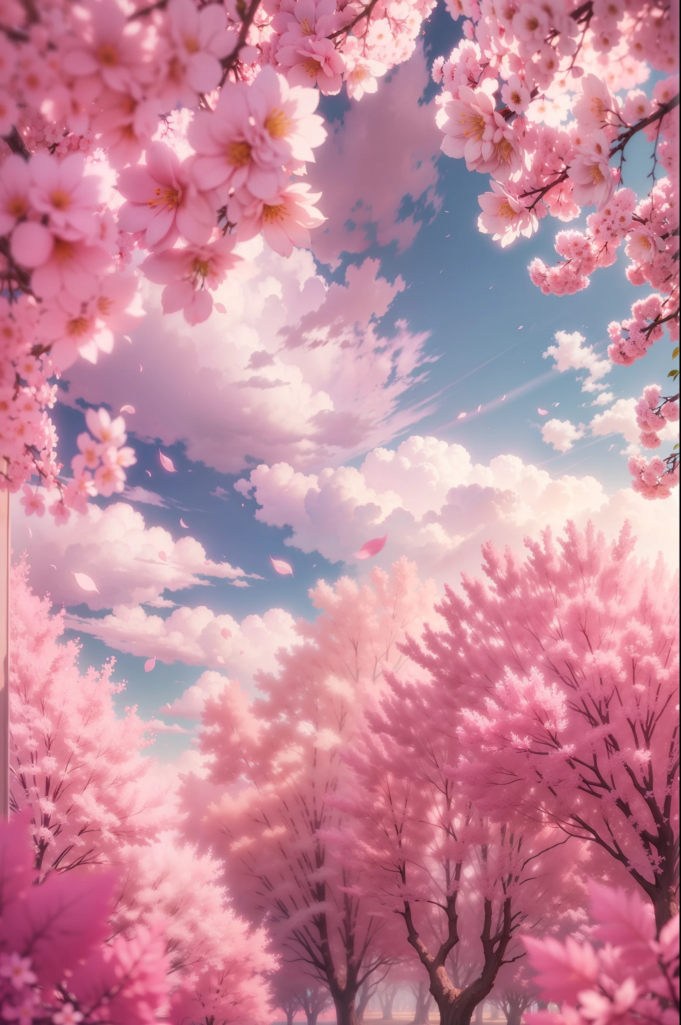 Lots of pink trees, large skies, white clouds , petals , blossoms, aesthetic serene bliss, diffused light, god rays, chromatic aberration, caustics, high light scattering, dreamy look