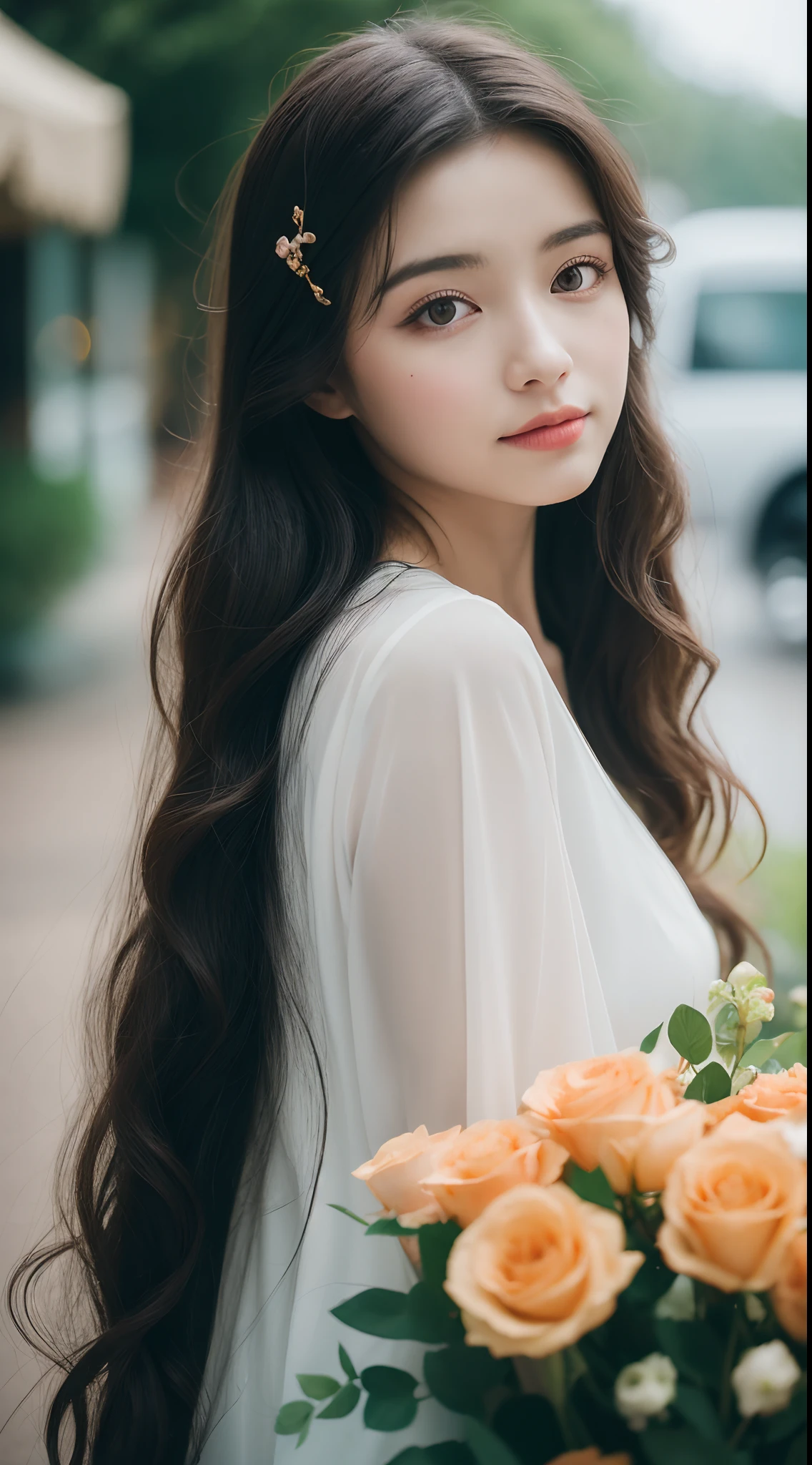 （8K, RAW photo, Best quality）1girll, Beautiful face, Coiled hair as black as a spring,Delicate hair accessories，Holding a bouquet of roses，temperament， cafe shop, (Mood), Outdoors,rainy sky，Background bokeh，Focalors，filmgrain,