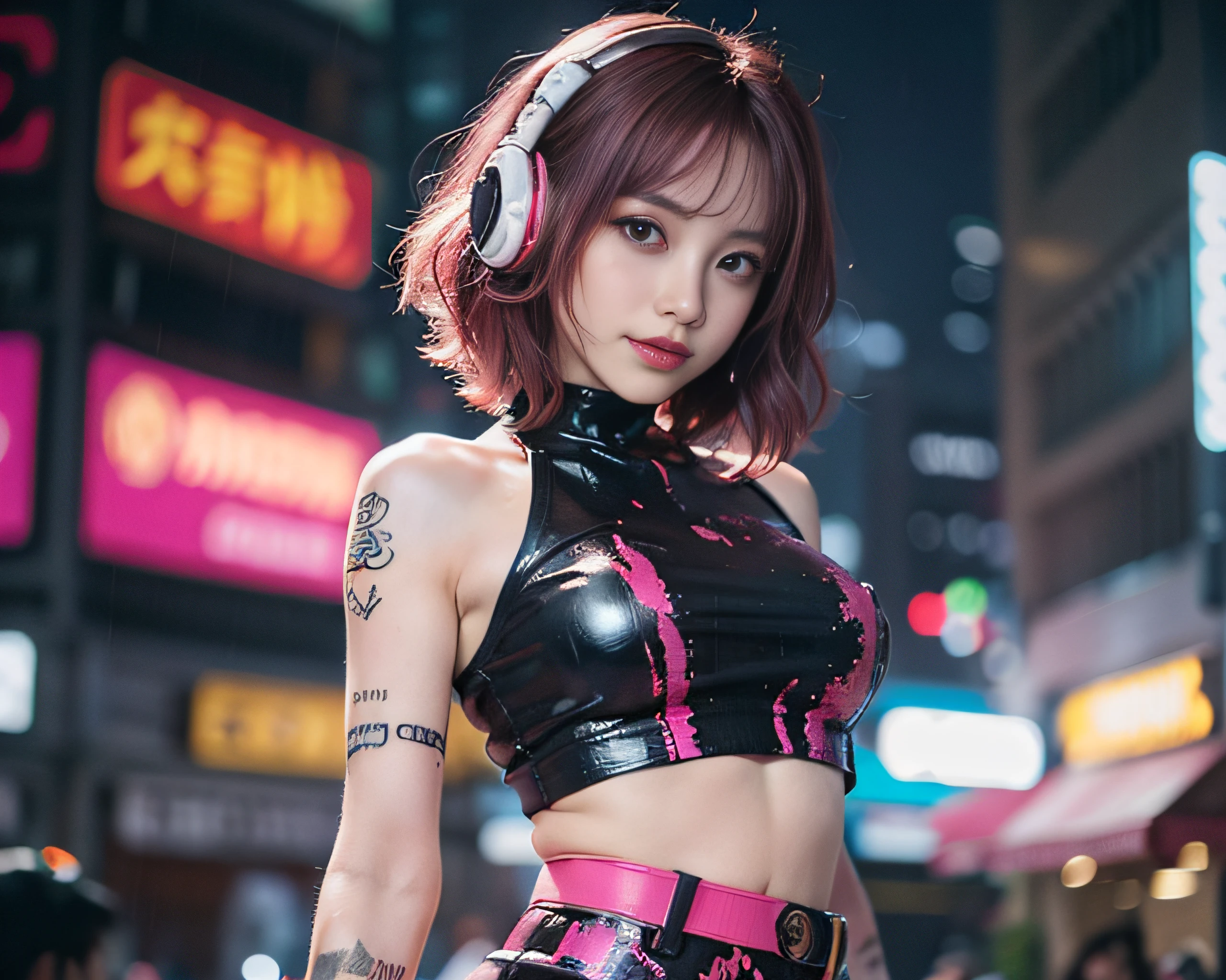 Realistic, 1girl in, Colorful hair, Purple eyes, Glowing eyes, cropped top, Skirt, Parted lips, blush, Night, Flowers, Sun, Sun, Sexy, Feminine, Seductive, Provocative, Multi-angle, ((1girl in)),Girl in fancy streetwear, neotokyo, Centered| Convoluted| Highly detailed| Breathtaking beauty| precise lineart| Vibrant| comprehensive cinematic| Carne Griffiths| Conrad Roset, 8K, Oil Painting, Cinematic lighting, rainy, ((The tattoo)),(Fancy hair color)),((random facial expression)),smirk grin,((run)),((Swing your arms wide)),Bright hair color,((Cyberpunk Fashion)),a short bob,headphones