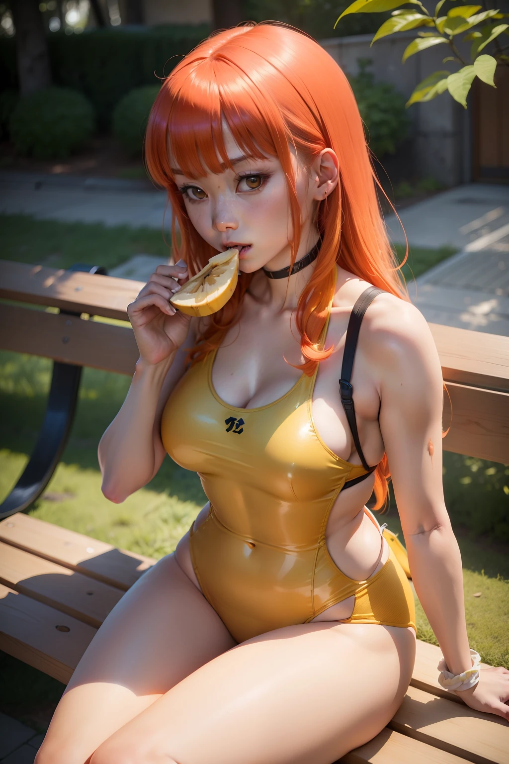 There is a woman sitting on a bench eating a banana, a human-like juicy banana, Ayaka Cosplay, banana and goma style, leeloo outfit, she is easting a banana, momo, by Kentaro Miura, real life anime girl, Asuka, Asuka Langley Souryu, Asuka Langley Soryu、Insert a banana in your cont