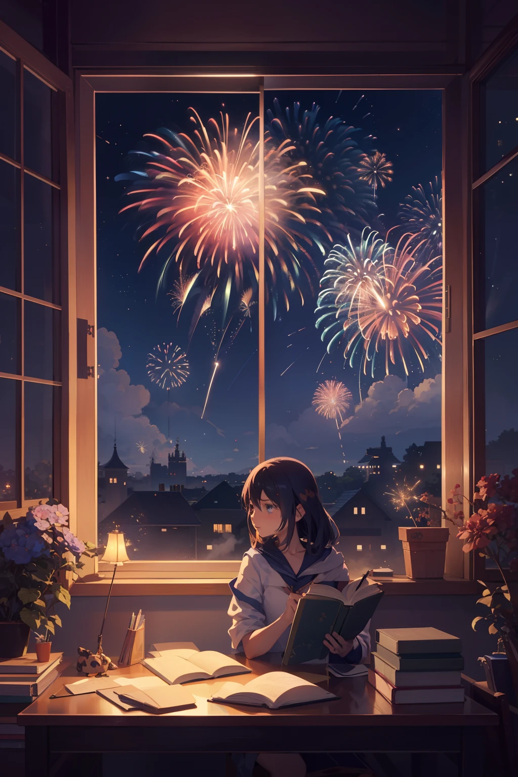 Sitting at a desk with a book and a book open、Alafed girl watching fireworks outside the window, sparklers, [ Fireworks in the sky ]!!, Fireworks, Fireworks in the background, anime art wallpaper 4k, anime art wallpaper 4k, Anime Background Art, Anime art wallpaper 8k, anime style 4 k, makoto shinkai cyril rolando