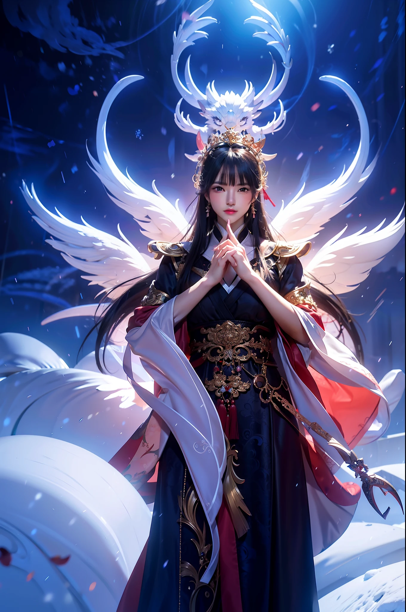 tmasterpiece, super detailing, Epic composition,China-style,hyper HD,high qulity, extremely detaile, offcial art, unified,8K ,Wallpapers, super detailing,Background snow,Oyuki,faeries,Fighting method,Swords,spells,Beautiful