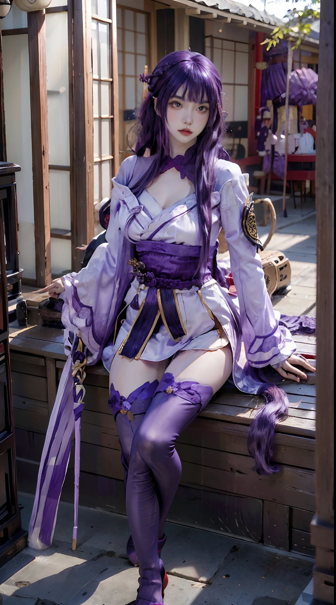 photorealistic, high resolution, 1women, solo, hips up, look at viewer, (detailed face), (blunt bangs, braid, wide sleeves, hair ornament, japanese clothes, red obi, (purple hair:1.2), very long hair, straight hair,black thighhighs, smooth