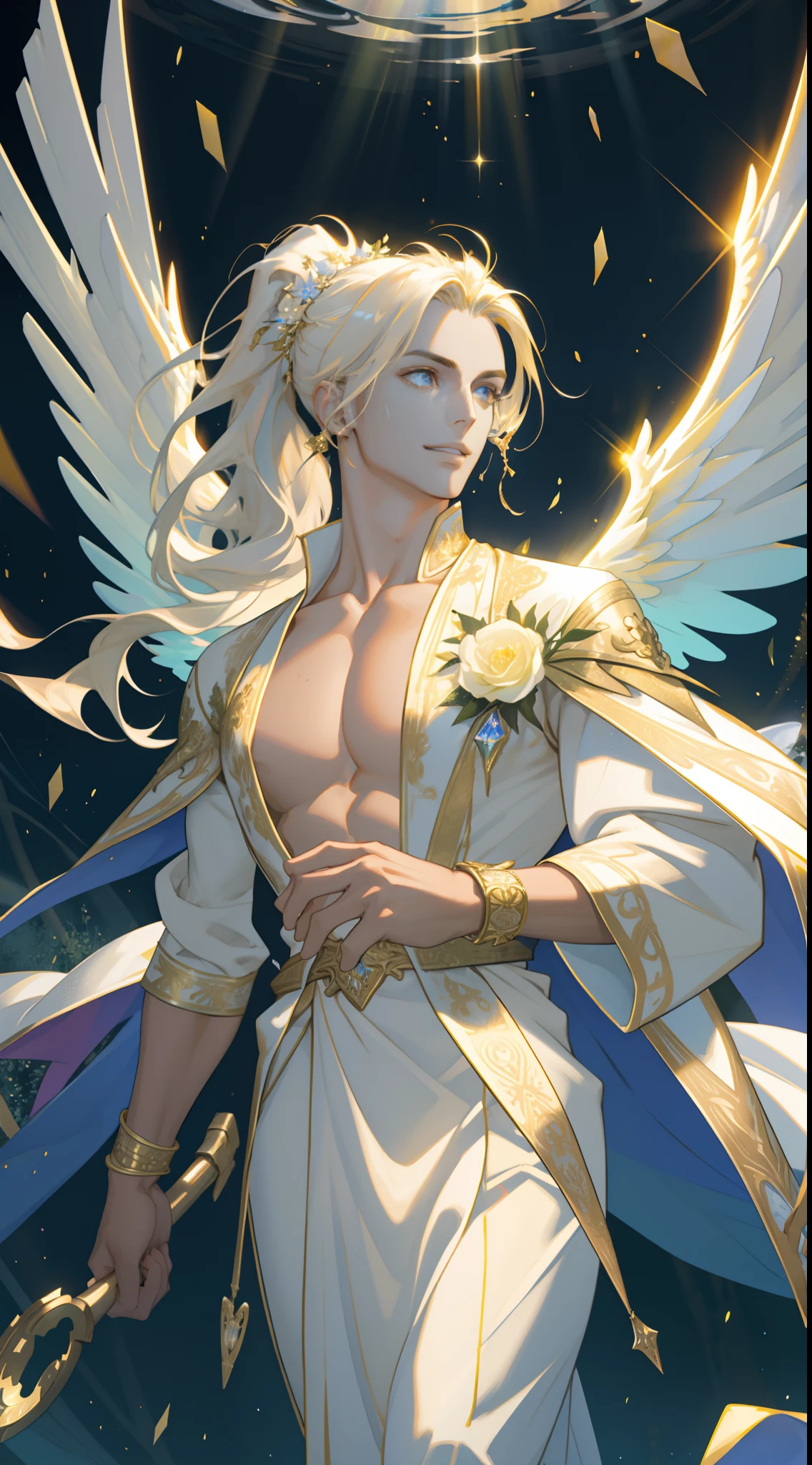 masterpiece, best quality, 1 male, adult, handsome, tall muscular guy, broad shoulders, finely detailed eyes and detailed face, extremely detailed CG unity 8k wallpaper, intricate details, brown color long hair, low ponytails, fantasy, complex pattern, detailed face, big angel wings, lens flare, colorful, glow white particles, white robe, gold bracelets and accessories, prism, glowing, glitter, particles, blooming flowers, likes to celebrate and have fun, enjoys nature, bright and optimistic outlook, creative and adventurous spirit, represents happiness and harmony, depth of field