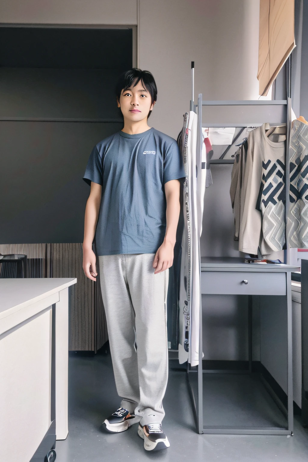 Arafeld man, sobu, desks, a chair, trouser, T-shirt, daisuke tsutsumi, It's Kojisuke, catalogue photo, shigeto koyama, portrait full body, Shozaburo Watanabe, yusuke nakano, yosuke ueno.