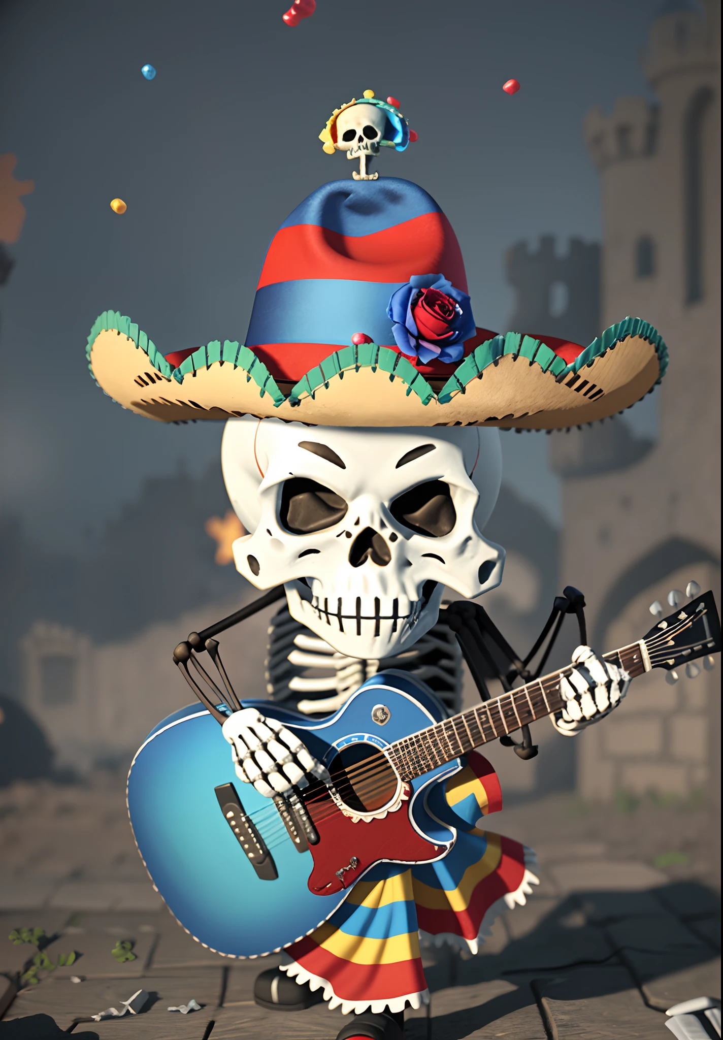 Mexican cap,guitar,Cartoon skeleton,celebrating day of the dead,((3d effect)),pixar-style,rendering by octane,High ambient light contrast,Left Blue Right Red,high qulity,Cartoon castle background,Candy falling from the sky,Skeleton soldiers in Clash of Clans
