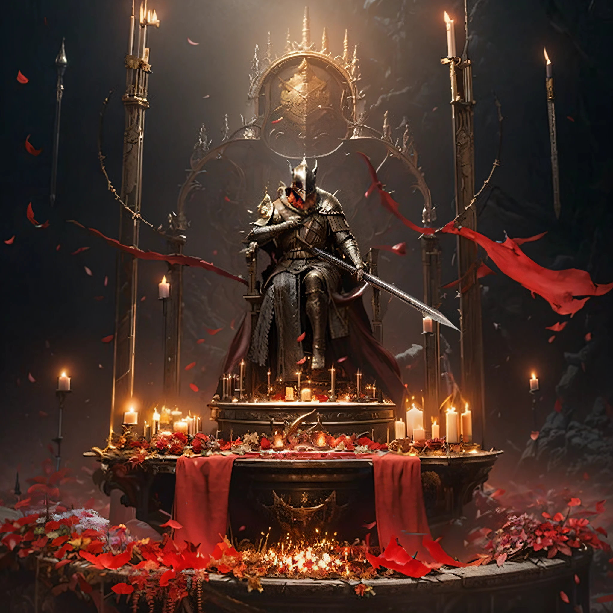 The Dark Knight sits on a throne surrounded by candles, best of artstation, Artstation contest winner, dark souls concept art, dark souls art, by Yang J, darksouls concept art, dark souls concept art, guillem h. pongiluppi, dark souls art style, lord from hell on the throne, dark soul concept, Diablo digital concept art