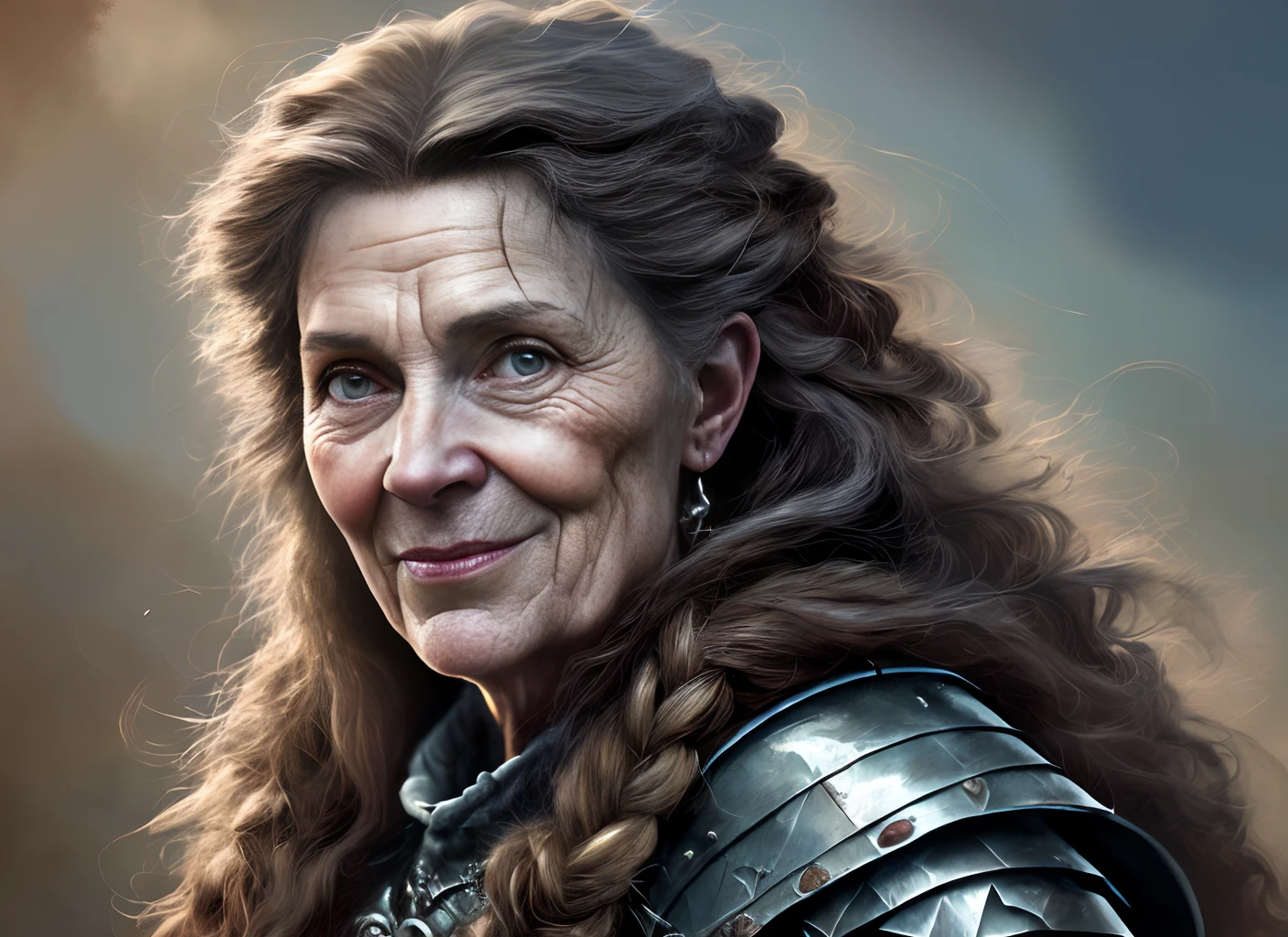 Detailed aerial view ((Portrait of a middle-aged woman in a DND knight)), cheerfulness, HD, (Oil painting:1.1), (comic artstyle:1.5),(ink outline:1.3), Stunning, Character, Portrait, (((Sideways Look))), Angular features, (Dark brown braided hair),  (muted natural colors:1.3) Thierry Deutschon's painting style , Splash Art