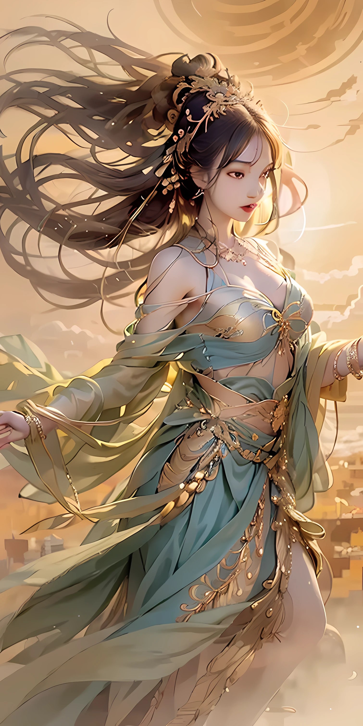 A beautiful fantasy queen holds a sword in the air,wearing blue dress,Extremely detailed Artgerm style,WLOP's art of anime illustration,Unique artistic germ detailing,Emerging from the artistic germ of ArtStation and PixiV,Beautiful and dreamy girl image。