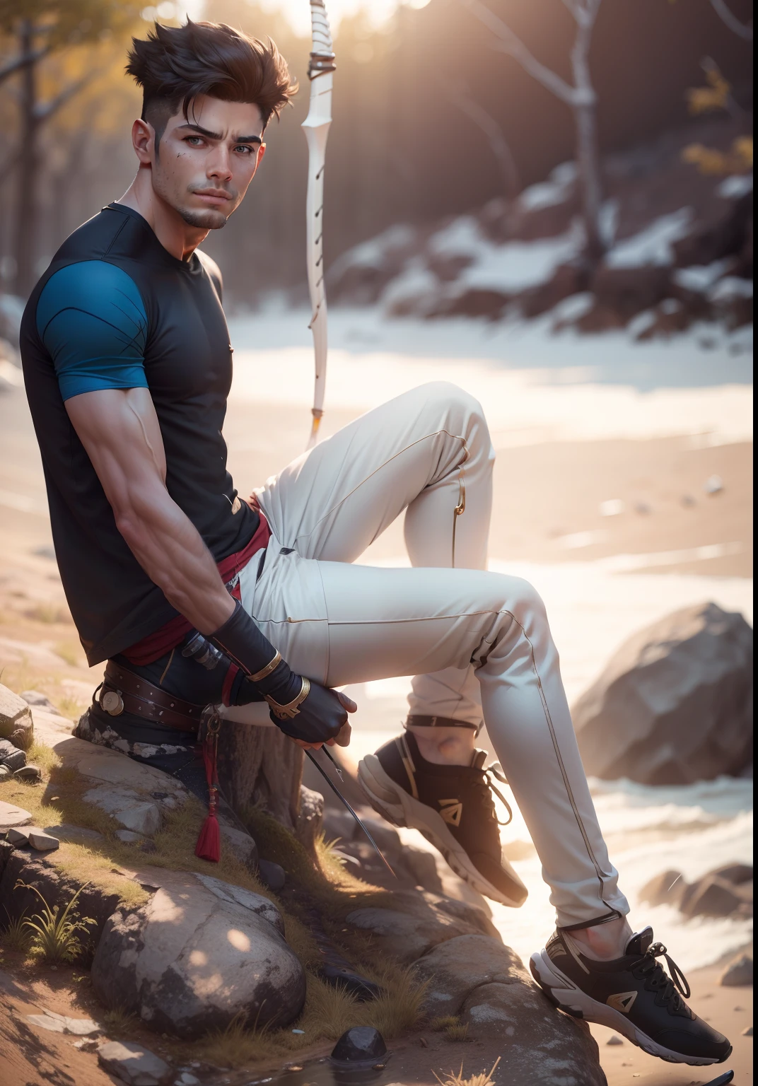 realistic muscular 8k ultra realistic boy , in hand archery weapon Aadiwasi