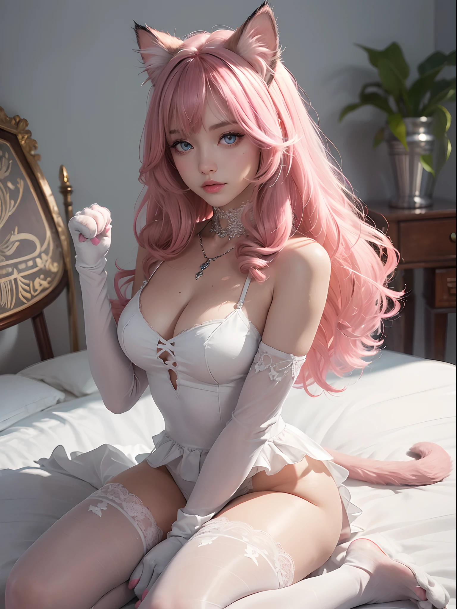 finedetail , Depth of field , (Masterpiece)Best quality , intricately details , (best illuminate , Best shadow , Extremely Delicately Beautiful) , beatiful detailed eyes) , 1girll , Cat girl , (Cat cutouts:1.2) , cat ear , Cat tail , Long hair , Big hair , Drill hair(Gradient hair:1.3) , Pink hair , [Blue eyes, pink eyes] , (paw pose:1.1) , (Cat's paw gloves:1.3) , wariza , ;3 , Medium breast ,necklace , Lace , (white legwear:1.1) , sit on a bed , White bed , Bedroom , full bodyesbian,