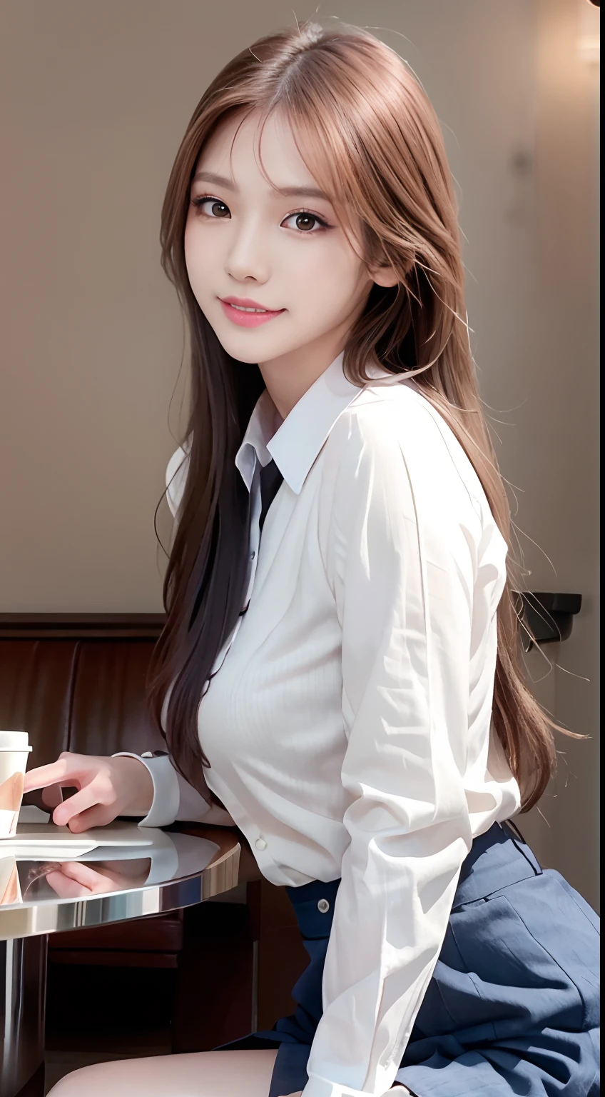 NSFW, (8k, best quality, master:1.2), (realistic, photo-realistic:1.37), super detailed, 1 girl, view, cute, beautiful detailed sky, detailed café, evening, sitting, dating, (nose red), sitting at the table, afternoon tea on the table, (smile: 1.15), (shut up) medium chest, beautiful delicate eyes, (collared shirt: 1.1), daytime, sun, professional wear, rain, white lace, (long hair: 1.4), silver NovaFrogStyle, uniform, white skin, movie lights, sunlight, street lights, (av actress: 4), full body shot, (coffee table: 1), (handbag: 1), ulzzang -6500-v1.1:0.3, karinak-4501-6300 :1.2