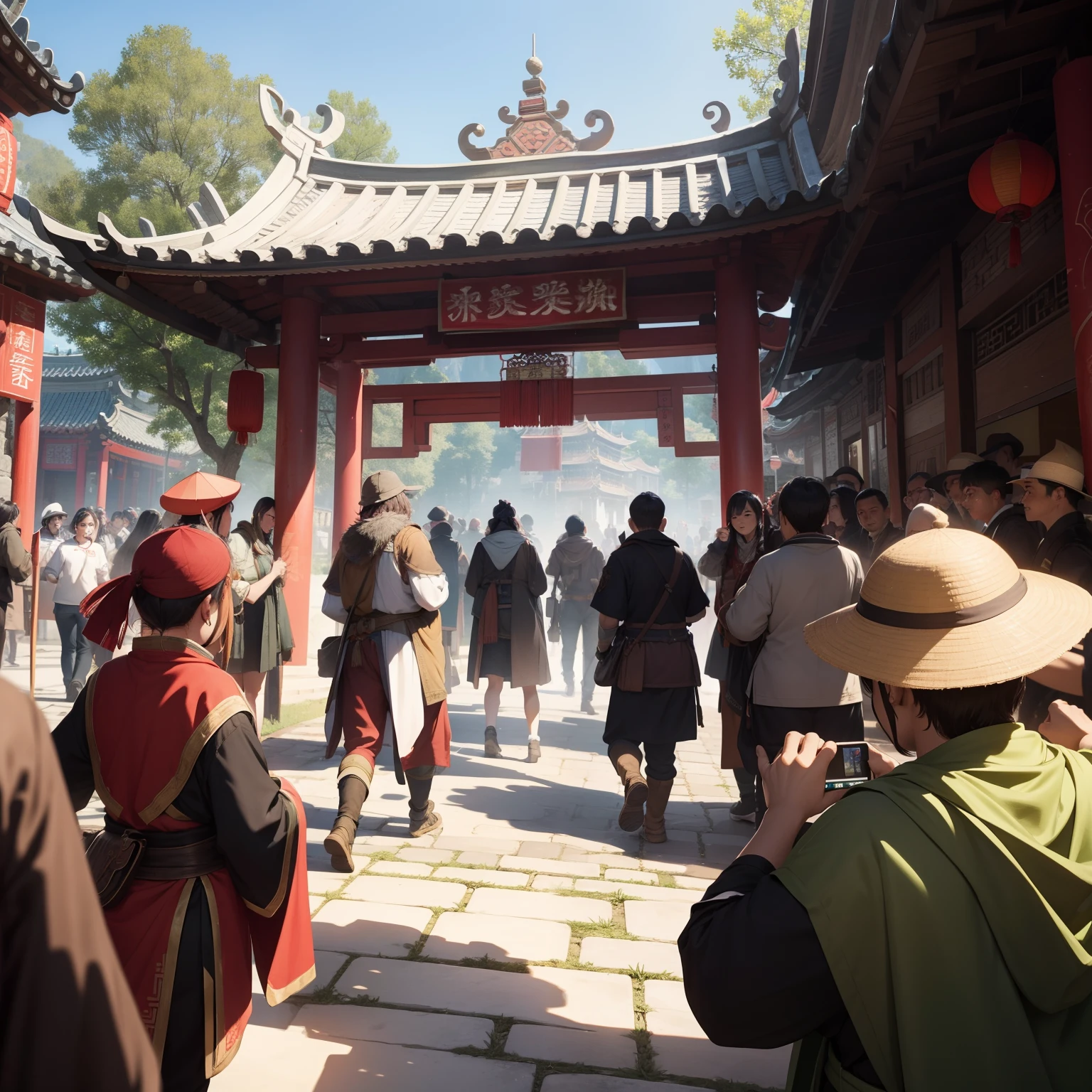 A large group of players gathered at the entrance of the village，They discussed，Crowd together NPCs looking for quests，Full of surprises and excitement，China-style