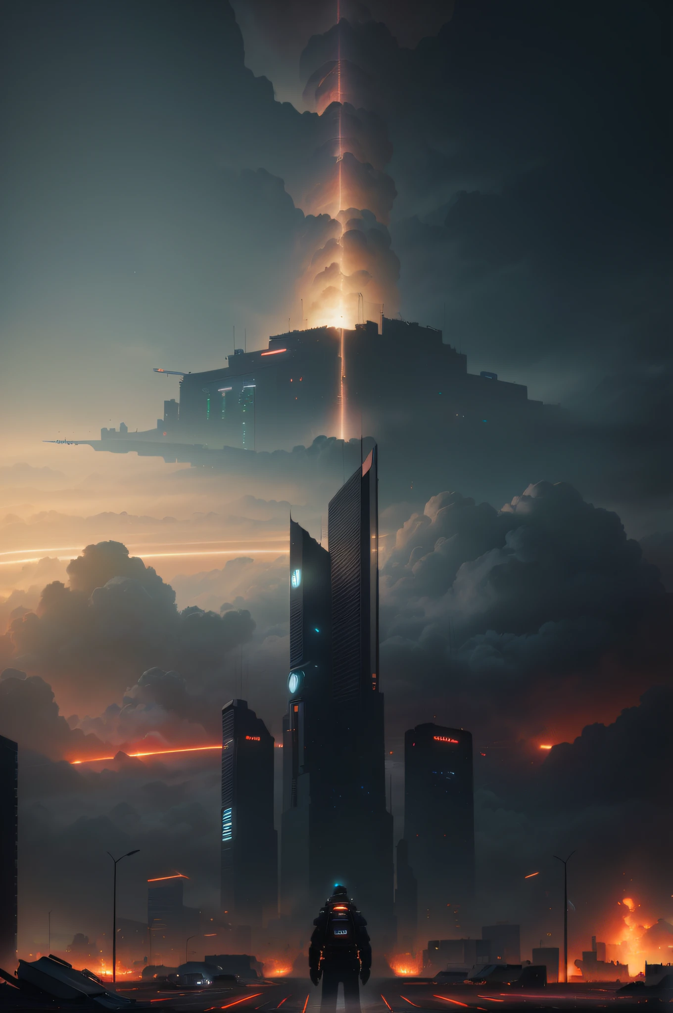 Cidade futuristica,A man stands in the middle of the road, 3 d render beeple, cinematic beeple, dystopian scifi apocalypse, author:Christopher Balaskas, depicted as a scifi scene, sci fi epic digital art, artgem and beeple masterpiece, arstation and beeple highly, science fiction digital painting