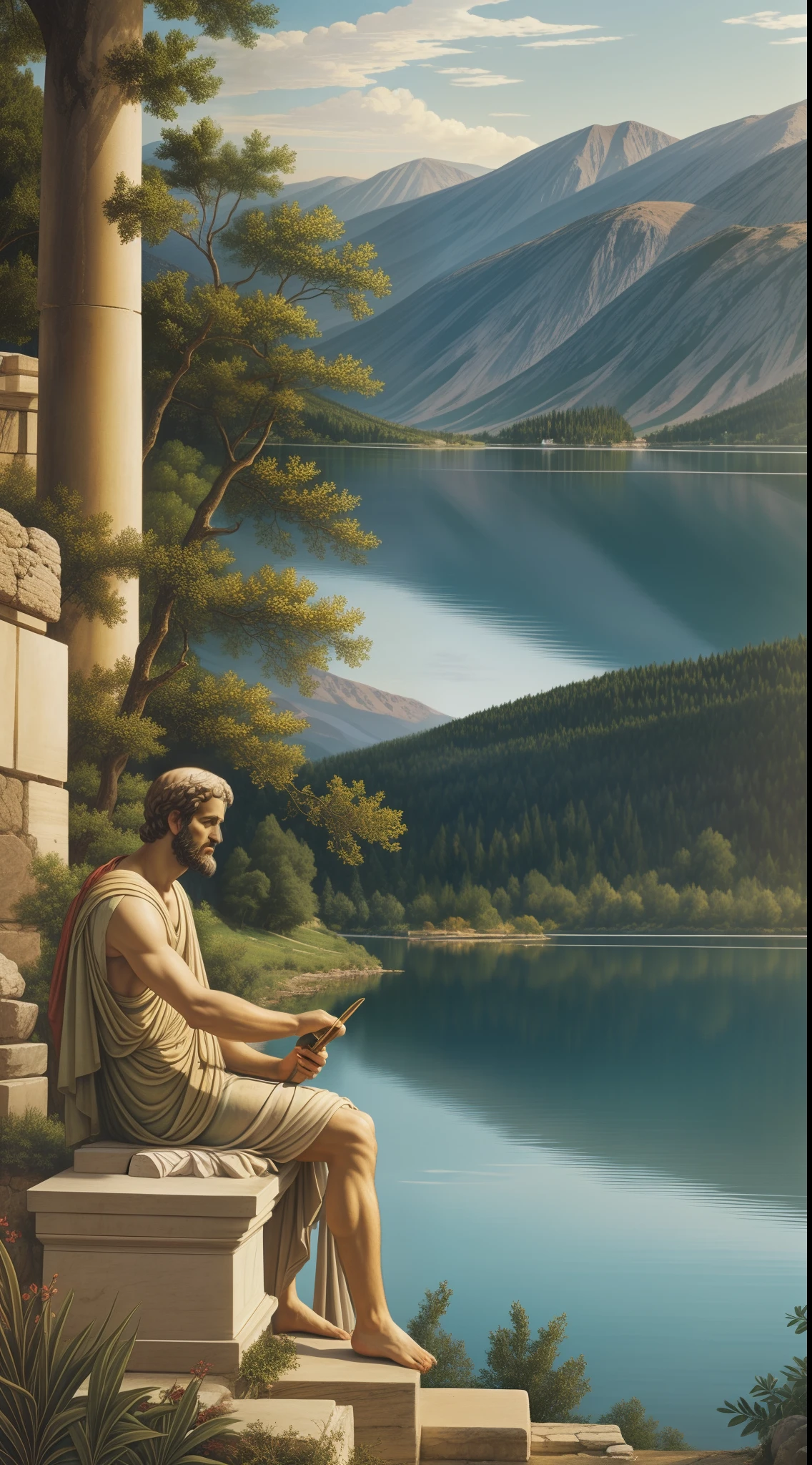 Aristotle engrossed in thinking beside a serene lake in ancient Greece. Capture the essence of intellectual pursuit and contemplation. Create an image that brings to life the tranquil setting of the ancient Greek landscape, with a focus on the profound thinking of Aristotle. Use rich details and vibrant colors to depict the idyllic scene, where wisdom meets nature. Let the viewer feel the intellectual curiosity and scholarly ambiance as Aristotle immerses himself in the world of knowledge by the lakeside in ancient Greece.